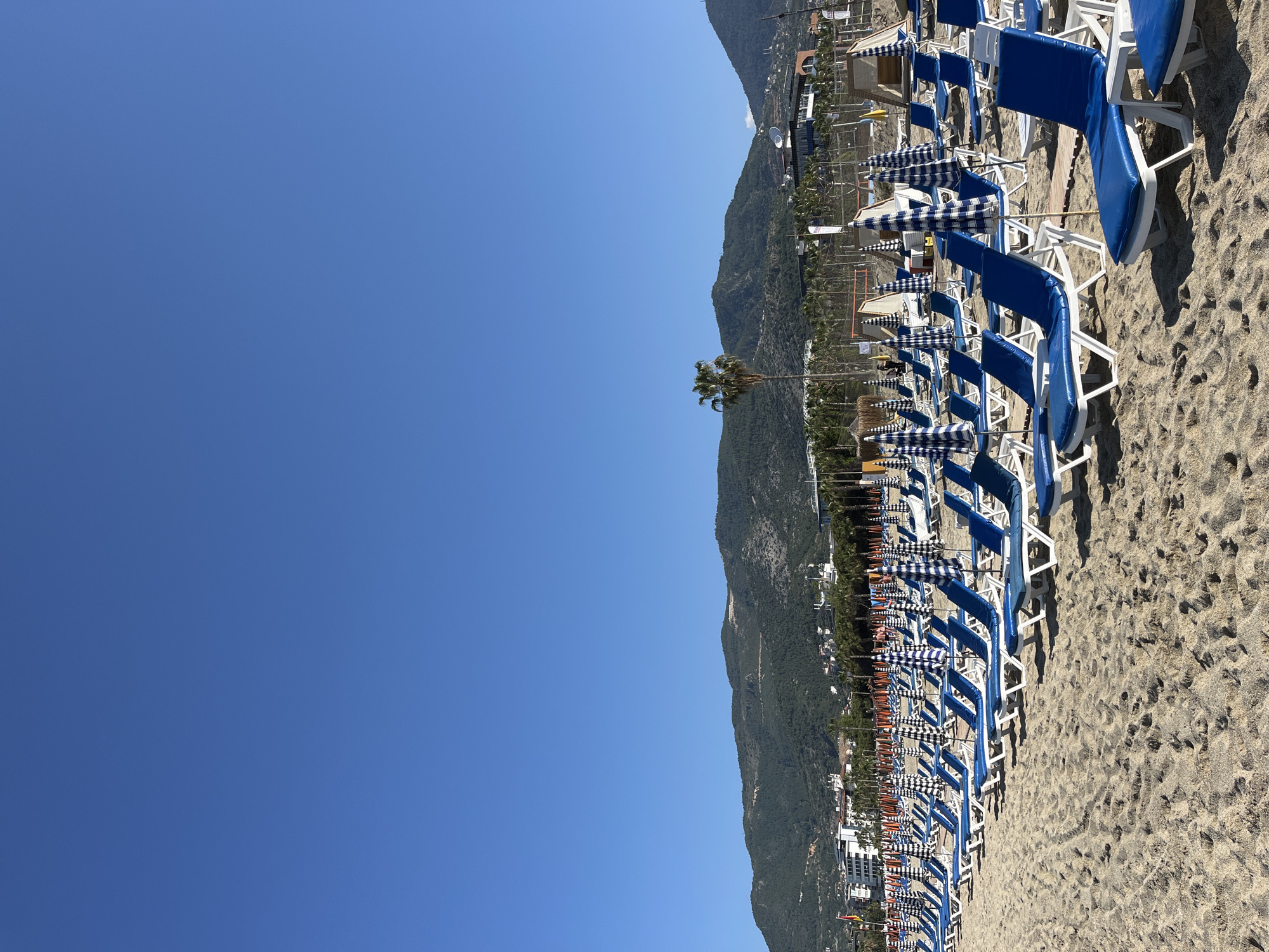 The image shows a beach scene in Alanya, Turkey, with rows of beach chairs and umbrellas extending along the sandy shore. The chairs are predominantly blue and white, and the umbrellas are striped in the same colors. In the background, a mountain range rises sharply, with buildings and vegetation interspersed along the lower slopes. The sky is clear and blue. A single palm tree stands amidst the line of umbrellas. The photograph is taken during the day, with strong sunlight casting shadows on the sand.