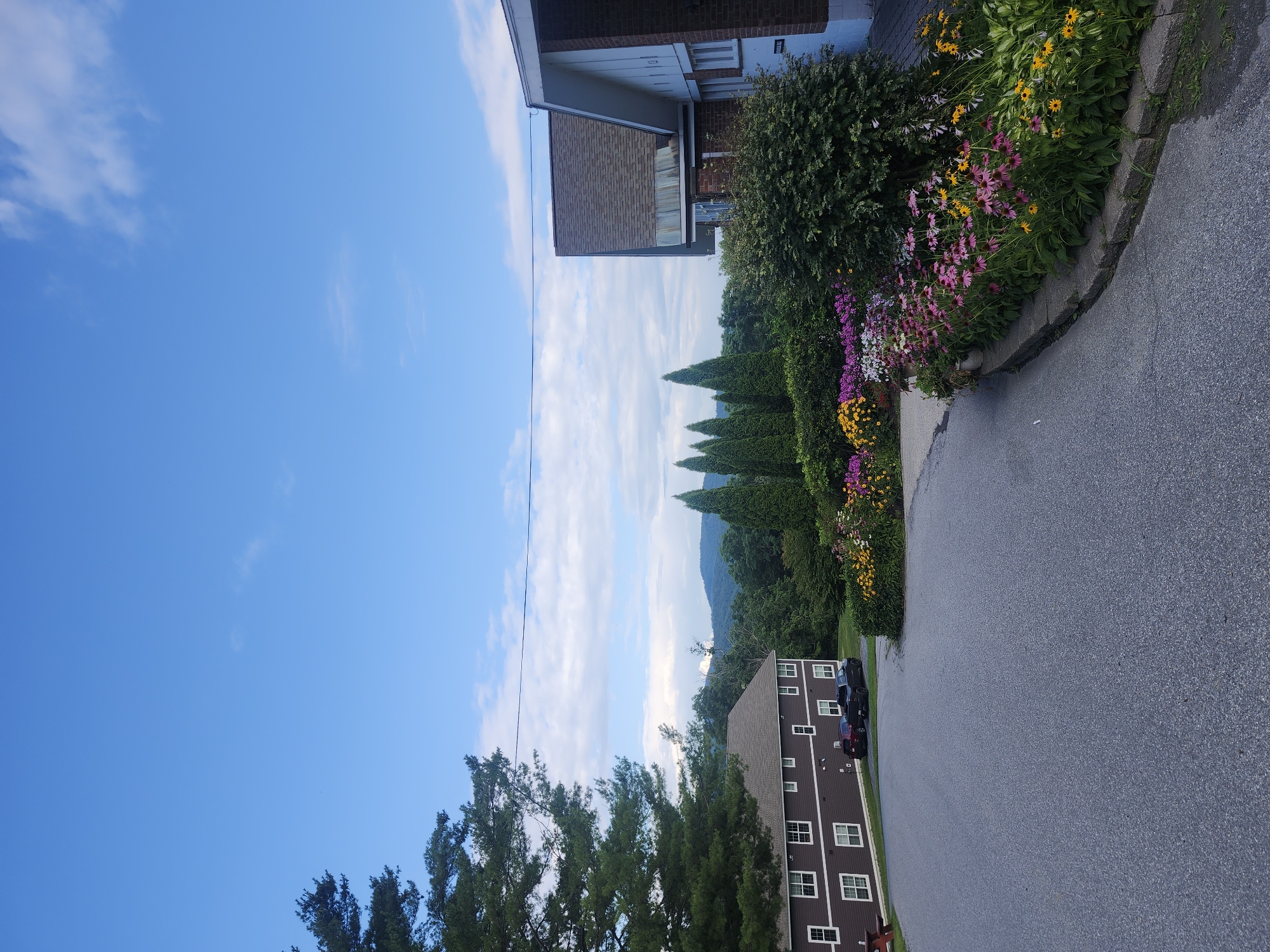 The image depicts a residential area with two buildings, a road, and a vibrant flower garden under a bright blue sky with scattered clouds. The building on the left is a long, dark brown structure with white-trimmed windows and multiple floors. Two cars, a dark red sedan and a black pickup truck, are parked in front of it. To the right, a brick building with white trim and a brown roof is partially visible, with a portion of a garage door. A lush flower garden with pink, purple, yellow, and white blooms lines the edge of the road, which curves to the right. Several tall, conical evergreen trees stand behind the garden, and rolling green hills and mountains are visible in the background. The scene is likely located in the Town of Hoosick, United States of America, given the typical suburban architecture and natural landscape. There are no people visible in the image.