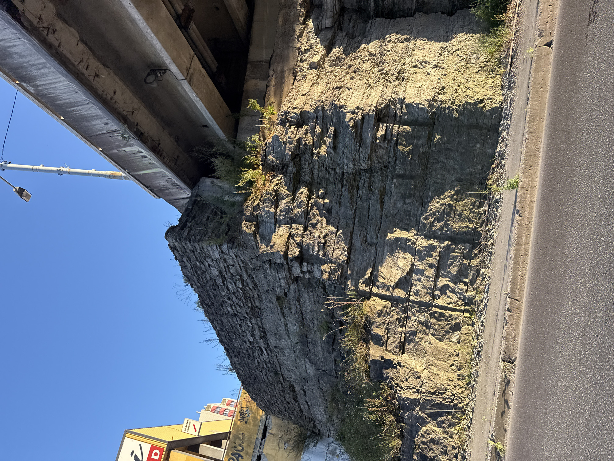 The image captures a close-up view of a weathered stone cliff face in Tallinn, Estonia, beneath a concrete overpass. The cliff, composed of layered sedimentary rock, is partially illuminated by sunlight, creating strong contrasts between light and shadow. Sparse vegetation, consisting of dry grass and small plants, grows in the crevices of the rock and along the top edge.
The overpass, made of rough concrete, looms above the cliff, its underside visible and showing signs of age and wear, including streaks and some exposed rebar. A streetlamp with a modern design is mounted on a pole near the edge of the overpass. To the left of the cliff, a portion of a yellow and white building with signage is visible, along with graffiti spray-painted on a lower wall. The foreground shows a paved road with a concrete curb separating it from the base of the cliff. The sky is a clear, bright blue, suggesting a sunny day. No people or animals are present in the scene. The overall impression is one of urban infrastructure encroaching on a natural geological formation.