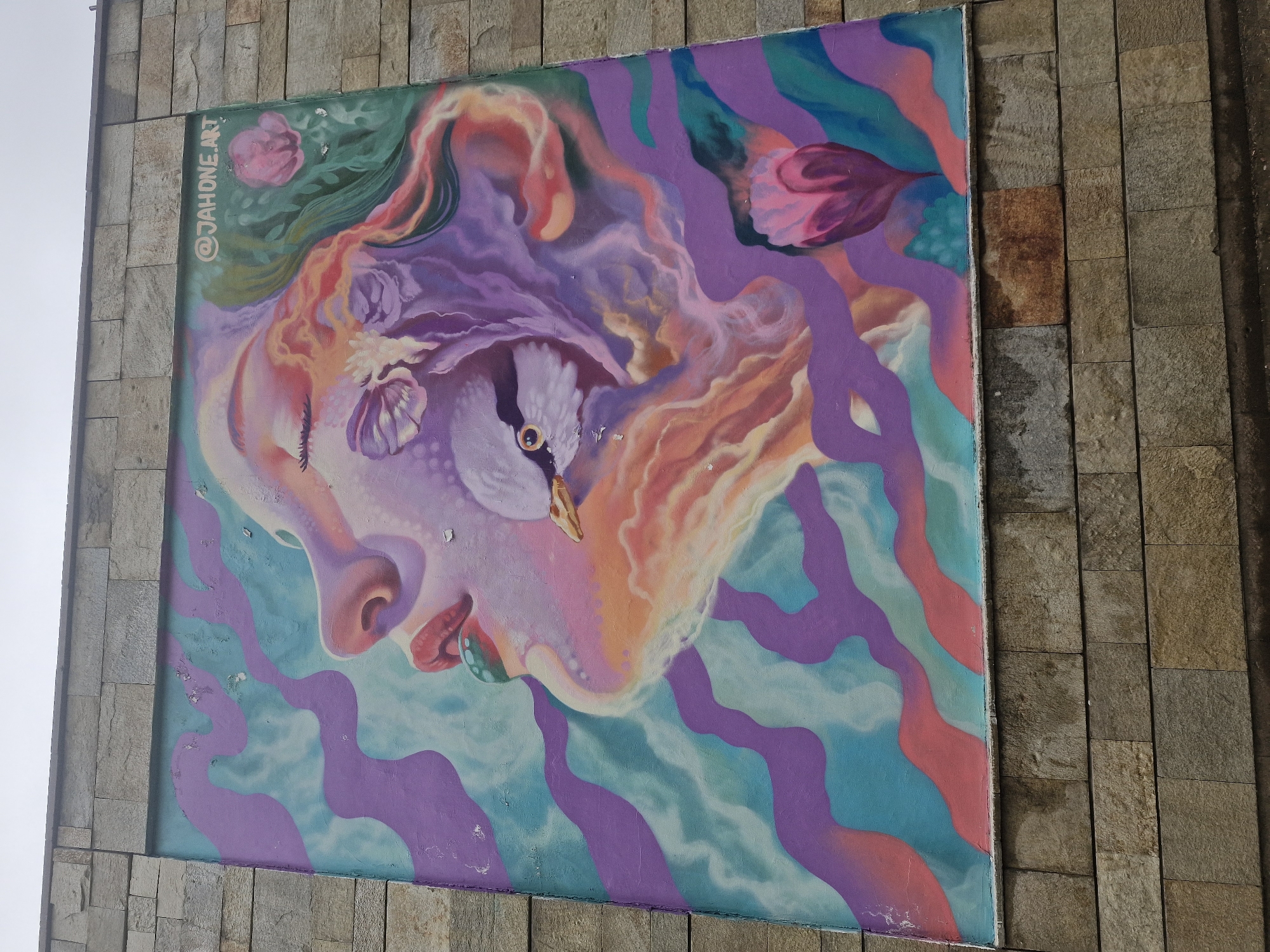 A vibrant, surreal mural adorns the side of a building in Sofia, Bulgaria, during an overcast daytime. The artwork centers on a stylized human face, predominantly depicting a nose, lips, and part of a chin rendered in soft pinks, peaches, and purples. Uniquely, a white swan's head and neck are intricately integrated where the left eye would be, gazing forward with a striking golden eye.
The face is enveloped by flowing, wavy shapes and abstract forms in a rich palette of purples, blues, oranges, and pinks, suggesting either ethereal hair or an imaginative background. Delicate pink floral elements are subtly incorporated into the upper sections of the mural. The entire artwork is characterized by its vivid colors and dreamlike quality, blending realistic facial features with surrealistic natural elements.
The mural, which shows minor signs of paint wear and peeling in places, is painted directly onto a building wall. This wall is constructed from rectangular stone tiles in muted shades of light brown and grey, extending to the right and above the artwork. To the left, a bright, featureless sky indicates an outdoor setting on a cloudy day. Visible in the upper left portion of the mural is the artist's handle: "@JAHONE.ART". The scene captures a striking piece of public art that evokes a sense of serenity and imaginative beauty.