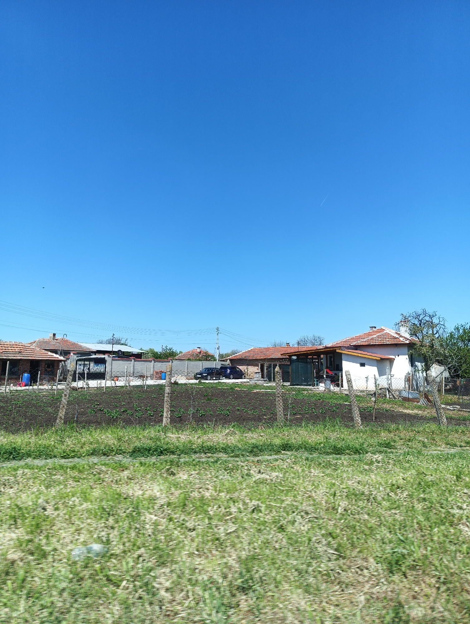 The image depicts a rural scene in Zimnitsa, Bulgaria, under a clear blue sky. In the midground are several residential buildings with red tile roofs, separated by fences. A cultivated garden plot with young plants is visible between the fence and the houses. Parked cars are seen near one of the properties. The foreground consists of a field of green grass. There are no visible people.