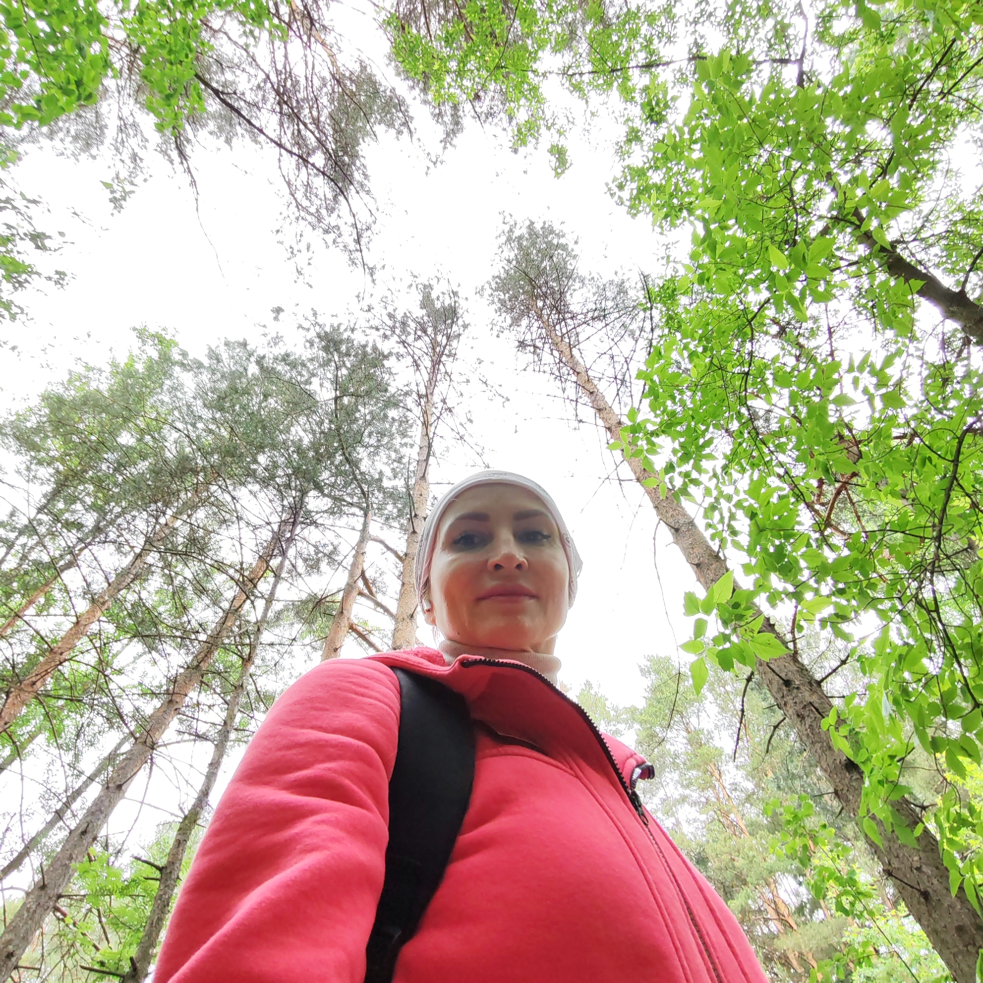 A woman is captured from a low-angle perspective, looking directly into the camera. She wears a light-colored, possibly white or cream, head covering that frames her face, a light-colored turtleneck, and a vibrant fuchsia or bright pink zip-up hooded jacket. A black strap, likely from a backpack, is visible over her right shoulder, extending down her front. Her facial features are clear, with light skin, visible eyelashes, and eyebrows. The background consists of a forest canopy under an overcast sky, which appears bright white in the upper portion of the image. Tall tree trunks, both coniferous (with needles) and deciduous (with broad green leaves), extend upwards, framing the woman. The foliage is predominantly green, indicating a lush, wooded environment. This scene is located in the city of Chaikovsky, Russia.