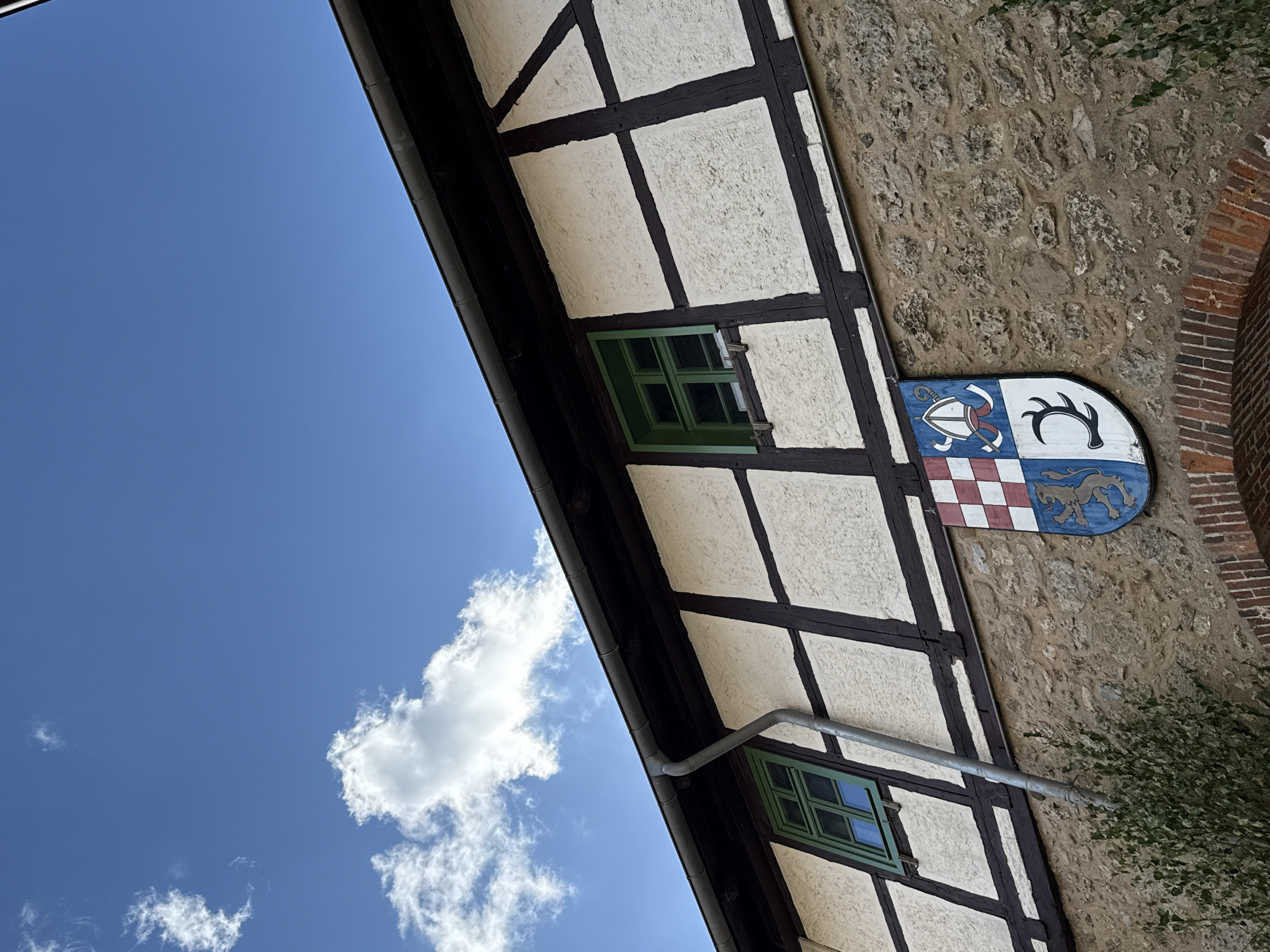 This is a low-angle, eye-level, outdoor shot of a building in Walkenried, Germany. The building features traditional half-timbered architecture with white stucco infill and dark brown timbers. It has a dark-colored gutter system visible against the sky, which is bright blue with scattered white clouds. There are two green-framed windows visible on the upper story of the building. Below the windows, on a stone section of the facade, is a coat of arms featuring a red and white checkered pattern in the upper left quadrant, a miter and crozier in the upper right, and a lion in the lower left quadrant. There is a black, antler-like symbol in the lower right quadrant. Some green foliage is visible at the bottom left of the image, and a brick archway is partially visible at the bottom of the frame.