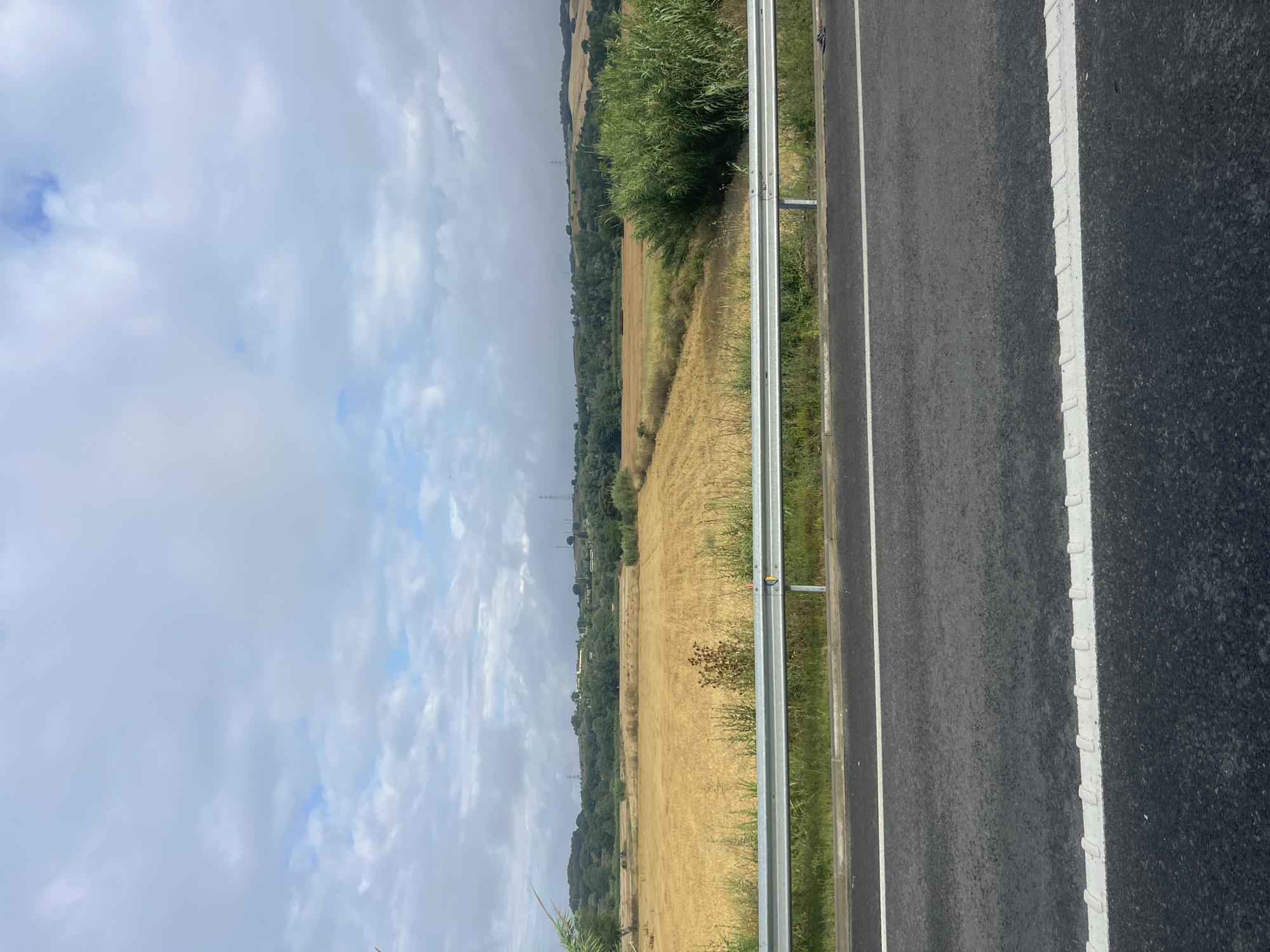 The image captures a rural landscape seen from the side of a road in la Roca del Vallès, Spain. The scene is dominated by a clear division into three horizontal sections: road, fields, and sky.
In the immediate foreground, a dark asphalt road runs horizontally, featuring two white painted lines. The line closer to the viewer is a wide, textured solid white line, possibly a rumble strip, while a thinner, solid white line marks the inner edge of the shoulder. A silver metal guardrail runs parallel to the road, separating it from the surrounding terrain.
Beyond the guardrail, a narrow strip of green grass and dense green bushes transitions into a vast expanse of golden-brown fields, indicative of dry crops or recently harvested land. Further in the midground, a line of lush green trees stretches across the horizon, marking the edge of the fields. Scattered power line towers are faintly visible in the distance above the tree line.
The background consists of a cloudy sky, with large, fluffy grey clouds interspersed with patches of clear blue sky, suggesting a mix of overcast and brighter conditions. The overall impression is of a bright, daytime scene. There are no people or specific events occurring, presenting a static vista of the countryside. No visible text is present in the image.