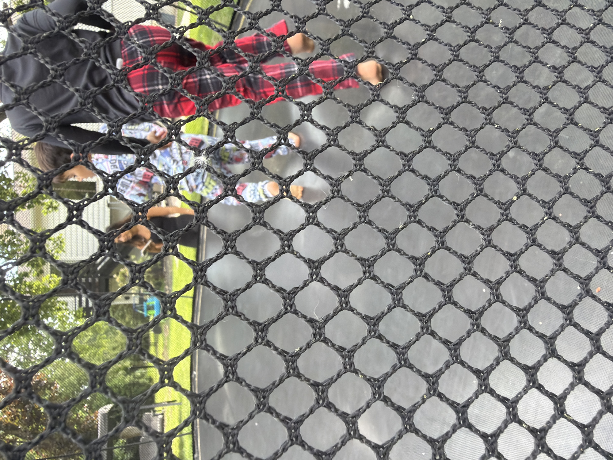 The image presents an outdoor residential scene in Pepper Pike, United States of America, viewed through the hexagonal mesh of a black safety net, which is out of focus in the foreground.
In the mid-ground, the black mat of a trampoline is visible, upon which two individuals are standing barefoot. To the right, an individual, likely an adult or older child, is seen from behind, wearing a black long-sleeved shirt and red and black plaid pajama pants. Their left foot is slightly elevated, suggesting a bouncing motion. To their left, a younger child is visible, wearing light-colored, patterned pajamas, with their left side partially facing the viewer.
Further to the left and slightly behind the trampoline, a third individual, an adult female with dark hair, is partially obscured by the netting. She is wearing a dark top and appears to be looking down at something held in her hands.
The background reveals a lush green lawn and dense green trees, indicative of a suburban backyard. A light-colored house with dark roof elements is partially visible through the foliage on the right side. A light blue plastic toy or object is discernible on the grass in the distance, and a light-colored outdoor swing or bench is present on the far left. The scene is illuminated by natural daylight, creating a bright outdoor setting.