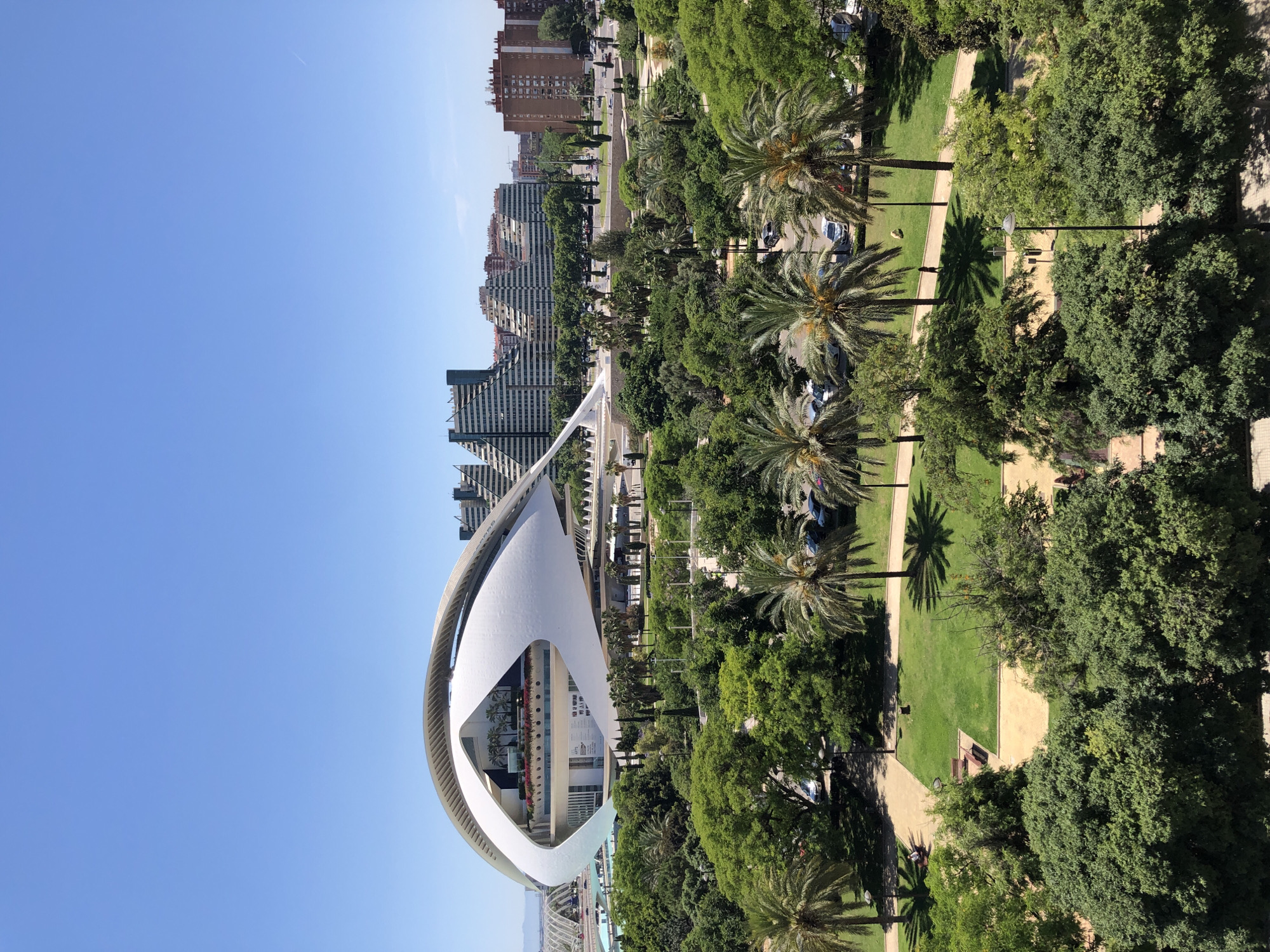 The image shows the City of Arts and Sciences in Valencia, Spain, from a high vantage point. A prominent, modern white architectural structure with a distinctive arch is in the foreground. Green spaces with trees and walking paths surround the building. In the background, there are several apartment and office buildings against a blue sky. The trees are varied, including palm trees, and cast shadows on the lawns. The photograph captures an urban landscape with a blend of architectural innovation and nature.