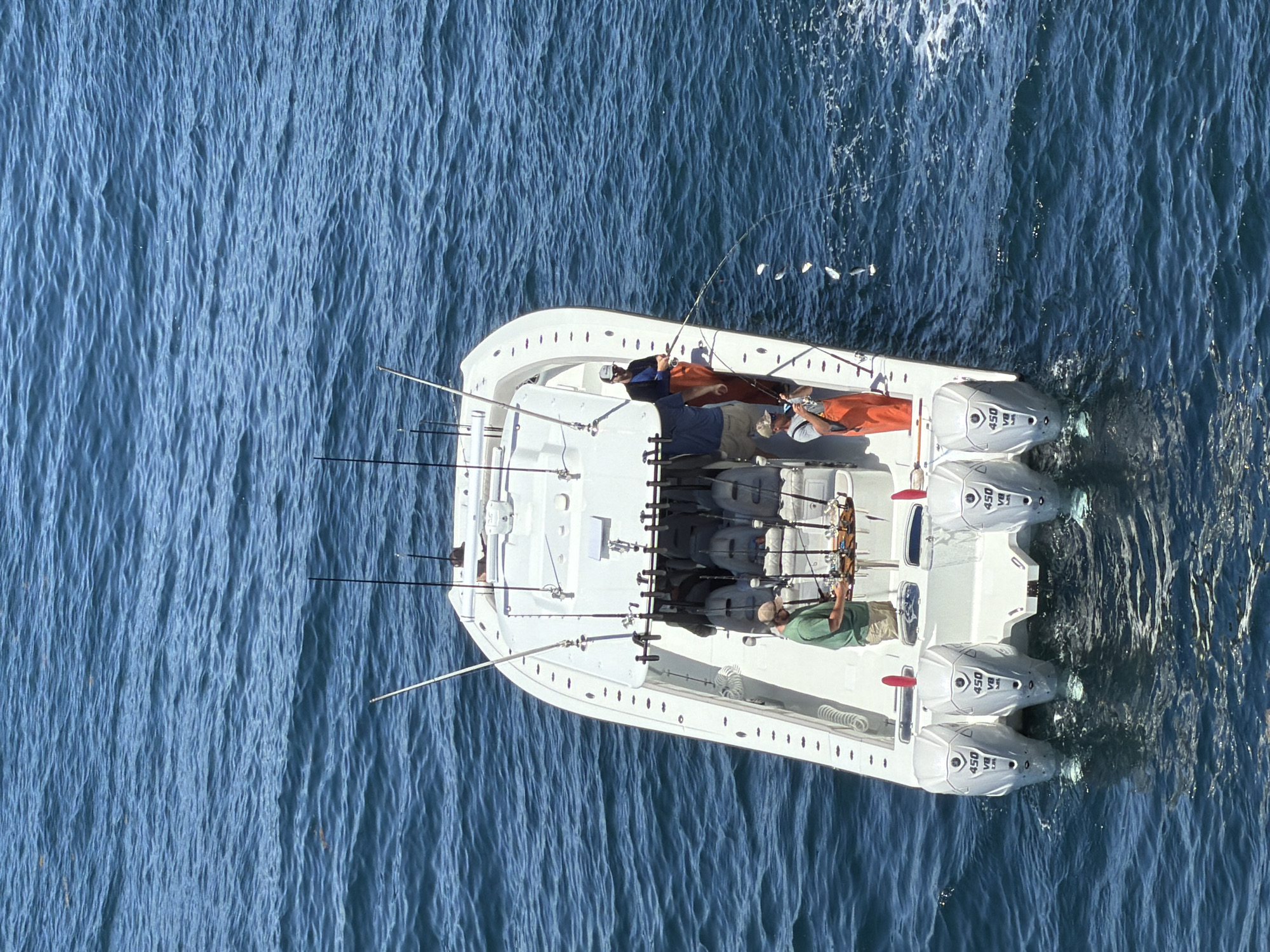 Aerial view of a white fishing boat with four outboard motors, each labeled "450 V8". The boat is surrounded by blue water. Fishing rods are mounted on the boat, and several people are on board. One person is wearing an orange shirt and another is wearing a green shirt.