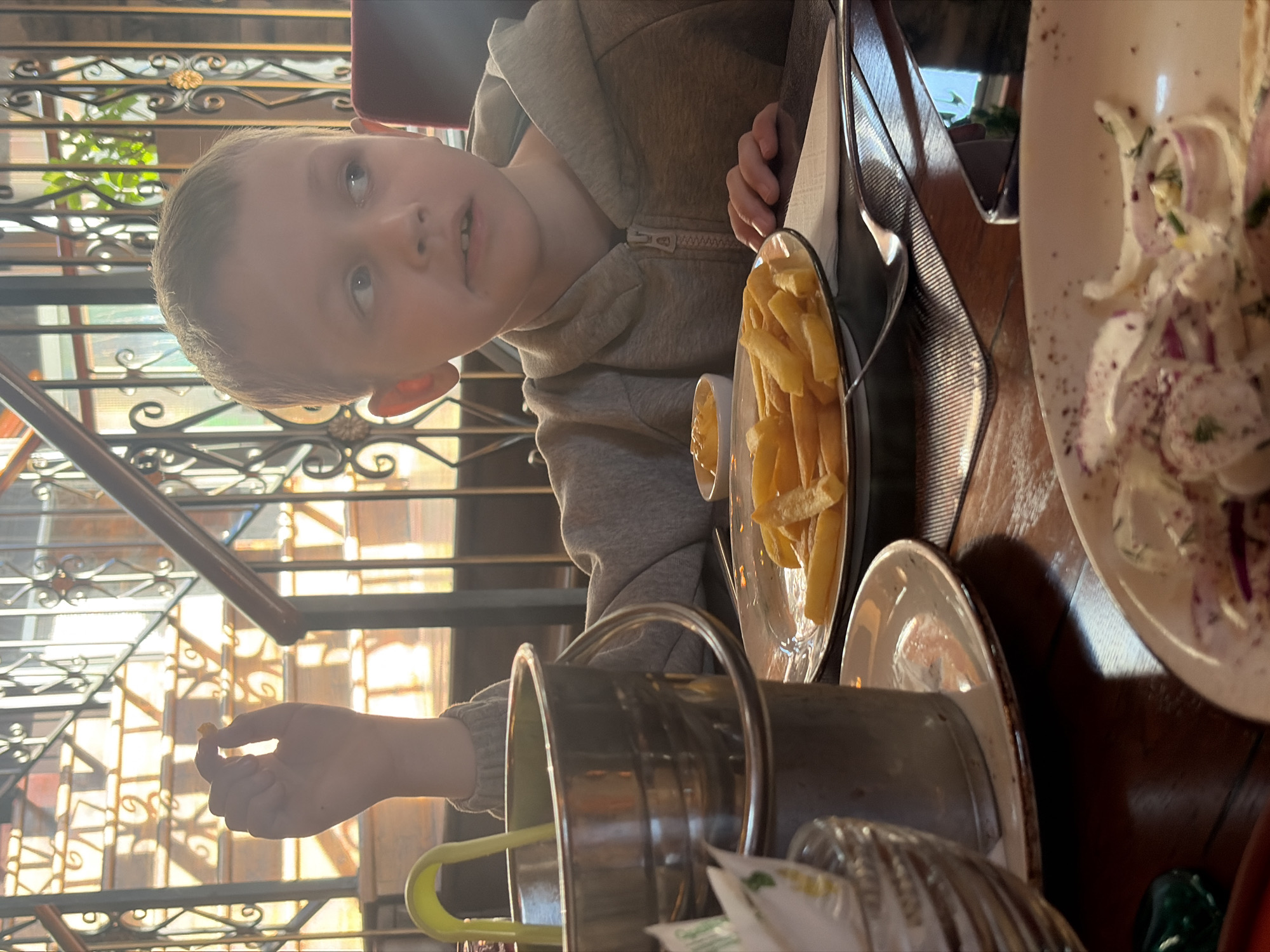 This is a daytime, portrait-oriented photograph depicting a young boy seated at a table in what appears to be a restaurant or cafe in Saint Petersburg, Russia. The image is rotated 90 degrees clockwise.
The central subject is a boy with light hair, wearing a gray hooded sweatshirt, looking slightly upwards and to the right with a neutral expression. His left hand is visible in the foreground, holding a single french fry, indicating he is actively eating.
On the wooden table in front of him, there's a meal consisting of a plate of golden french fries served in a wire basket, accompanied by a small white ramekin containing a dipping sauce, likely ketchup. To the right, a white ceramic plate holds a salad, featuring what appears to be thinly sliced red onion and a creamy dressing, possibly garnished with herbs. Cutlery is partially visible next to the french fries. A metallic bucket-like container with a handle is positioned closer to the viewer, with a yellow straw or stirrer protruding from behind it. A stack of white paper items, possibly napkins or small plates, is situated beneath the bucket.
The background reveals ornate black metal railings or grates, through which bright sunlight is streaming, casting distinct shadows and suggesting a sunny day. Green foliage is visible beyond the grates, hinting at an outdoor or semi-outdoor dining area. The overall setting is casual but pleasant. No discernible text is visible in the image.