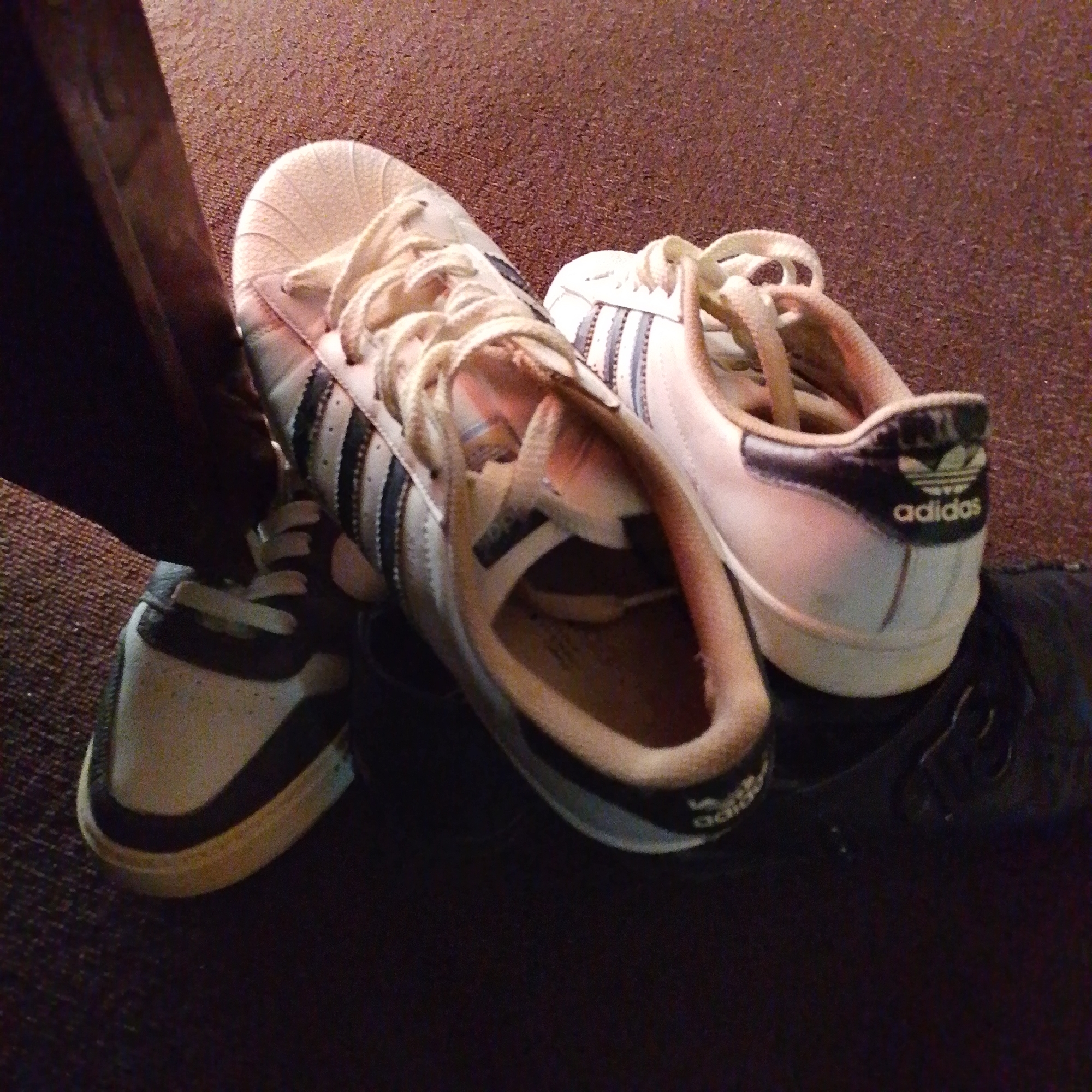 The image shows two white Adidas sneakers with black stripes, resting on a dark brown, textured surface that appears to be carpet or a similar material. One sneaker is positioned in the foreground and is seen from the side, revealing its laces and the characteristic Adidas three stripes on its side. The other sneaker is partially visible behind it, also white with black stripes and Adidas branding on the heel. The lighting is dim, casting shadows and highlighting the textures of the carpet and the shoes. The scene is set indoors, likely a room in Jalingo, Nigeria, given the context provided. There are no people or any other objects clearly identifiable in the scene.