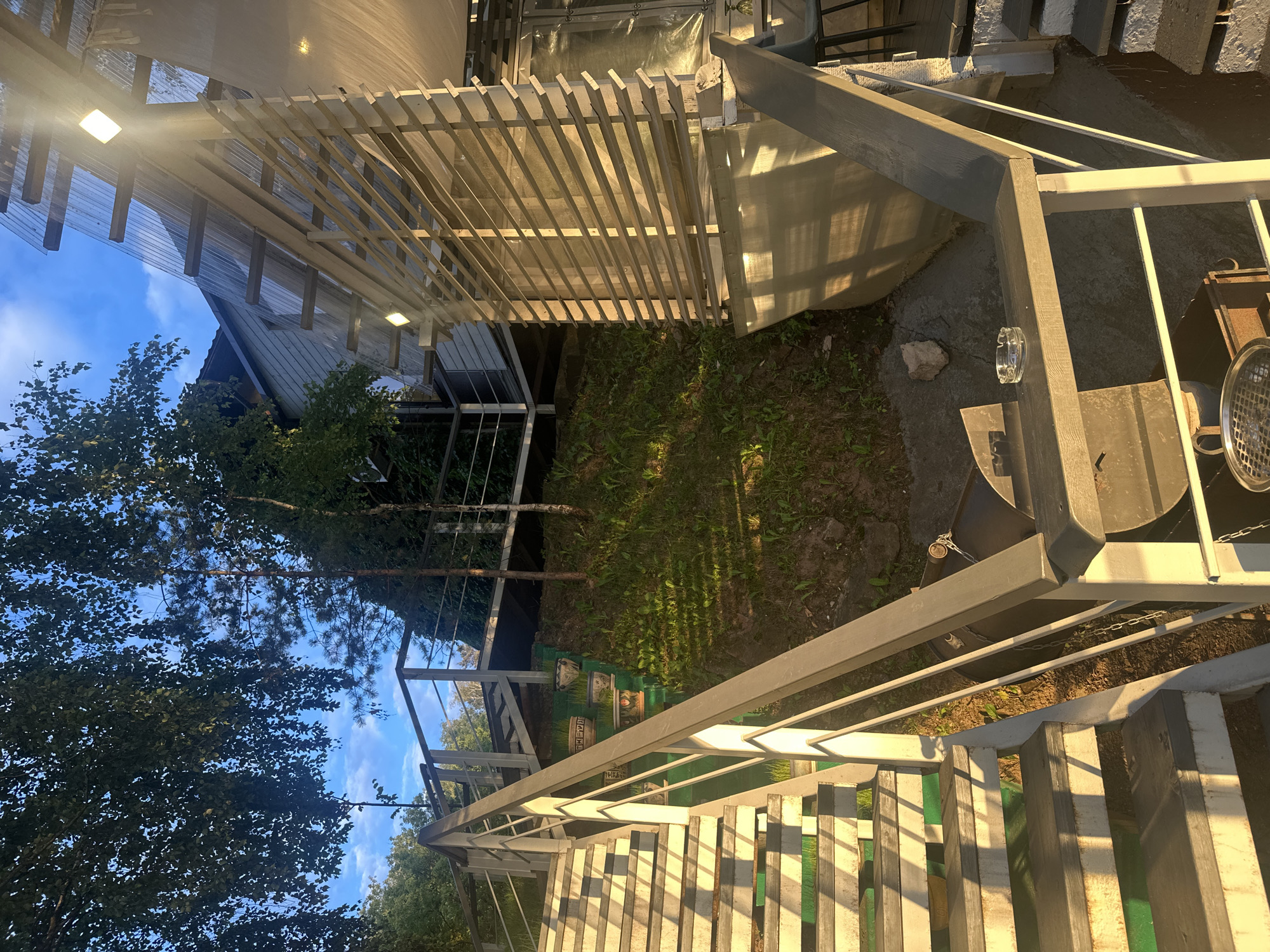 The image depicts an outdoor scene with a focus on a staircase and surrounding vegetation. The staircase appears to be made of metal and wood, with a modern design. It's oriented diagonally, leading the viewer's eye upwards and to the right. Below the staircase, there's a patch of grass and soil, with some scattered rocks and a tree visible in the background. The foliage is dense and green, suggesting a natural or semi-natural environment.
The lighting in the image indicates that it is daytime, with sunlight casting shadows on the staircase and the ground. The sky is visible in the upper left portion of the image and appears to be a clear blue with some white clouds. This suggests fair weather.
There are no people visible in the image. However, several objects are present, including an ashtray on the railing of the staircase and what appears to be a grill or fire pit in the upper right corner. There's also a large cylindrical object covered in plastic sheeting in the background, possibly some kind of storage or equipment. The presence of the ashtray suggests a place where people might gather.
The scene has a relaxed, perhaps even slightly rustic, feel due to the vegetation and the outdoor setting. The time of day, with the angled sunlight, could be late afternoon or early morning. There is no visible text in the image. The location context of Moscow, Russia, implies a temperate climate, and the greenery is consistent with this.