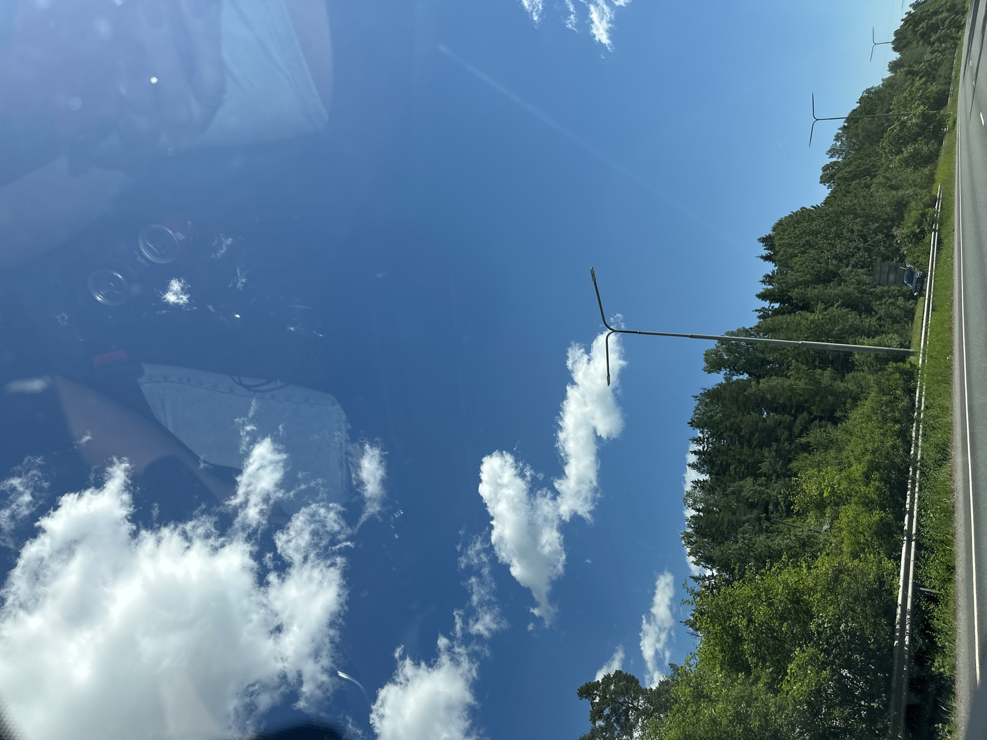 The image depicts a view from a vehicle, looking outwards at a bright, sunny sky with scattered white clouds. A dense forest borders a highway on the right side of the frame. Several modern streetlights with minimalist designs are visible along the roadside, stretching into the distance. The reflection of the vehicle's interior, including what appears to be two beverage cans and a white object, is visible on the windshield. The road surface is asphalt, with a metal guardrail separating the highway from the forested area. The overall scene suggests travel on a highway through a wooded region under a clear sky.