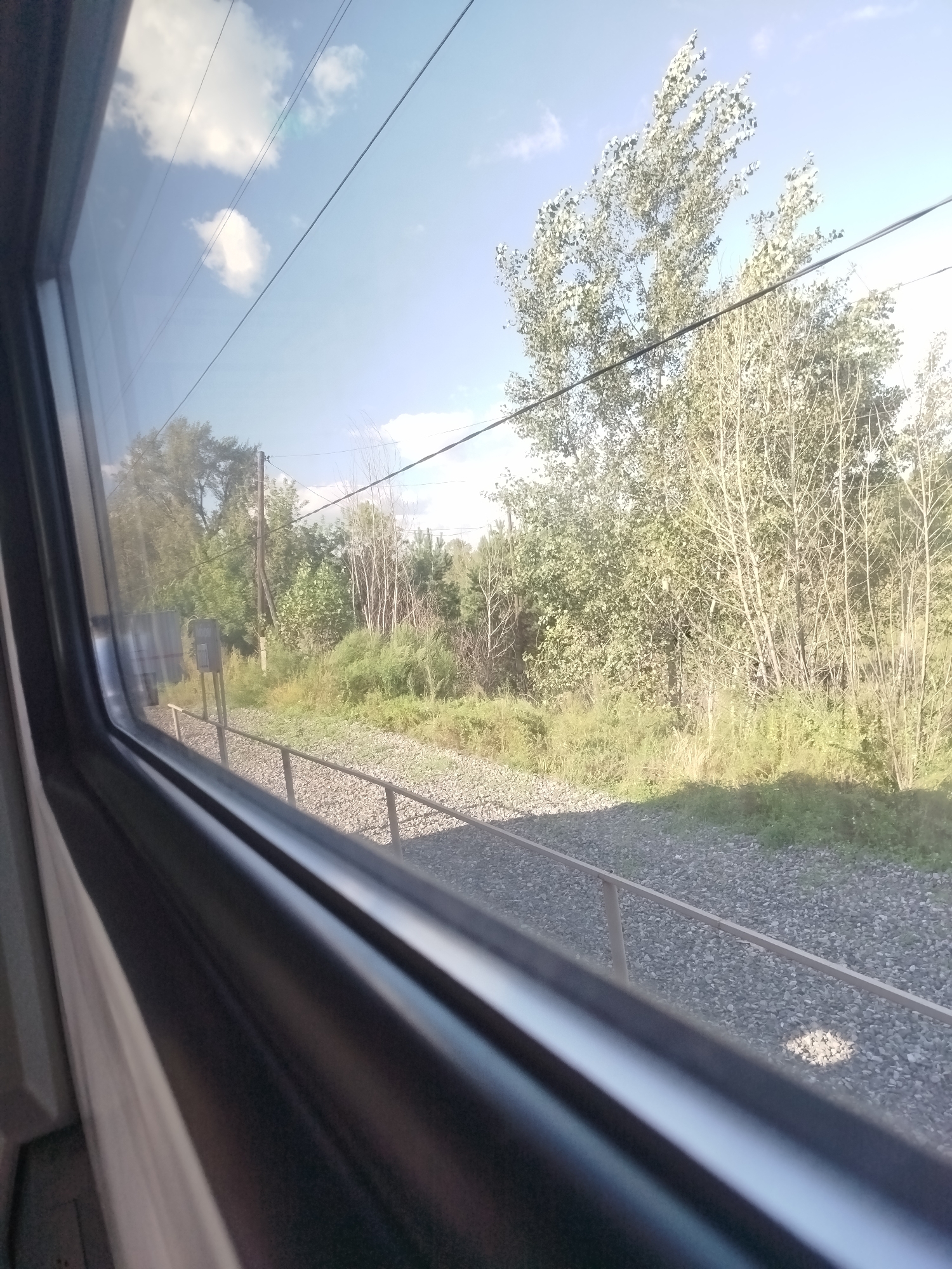 This is a photograph taken from inside a moving train, looking out a window. The window frame is dark, with a slight reflection of the interior. Outside, a train track runs parallel to the direction of travel, bordered by a metal handrail. Beyond the tracks, there is a dense growth of trees and vegetation, with a utility pole visible in the middle ground. The sky is blue with scattered white clouds. The image is set in the city of Krivolukskaya, Russia, suggesting a rural or semi-rural landscape.