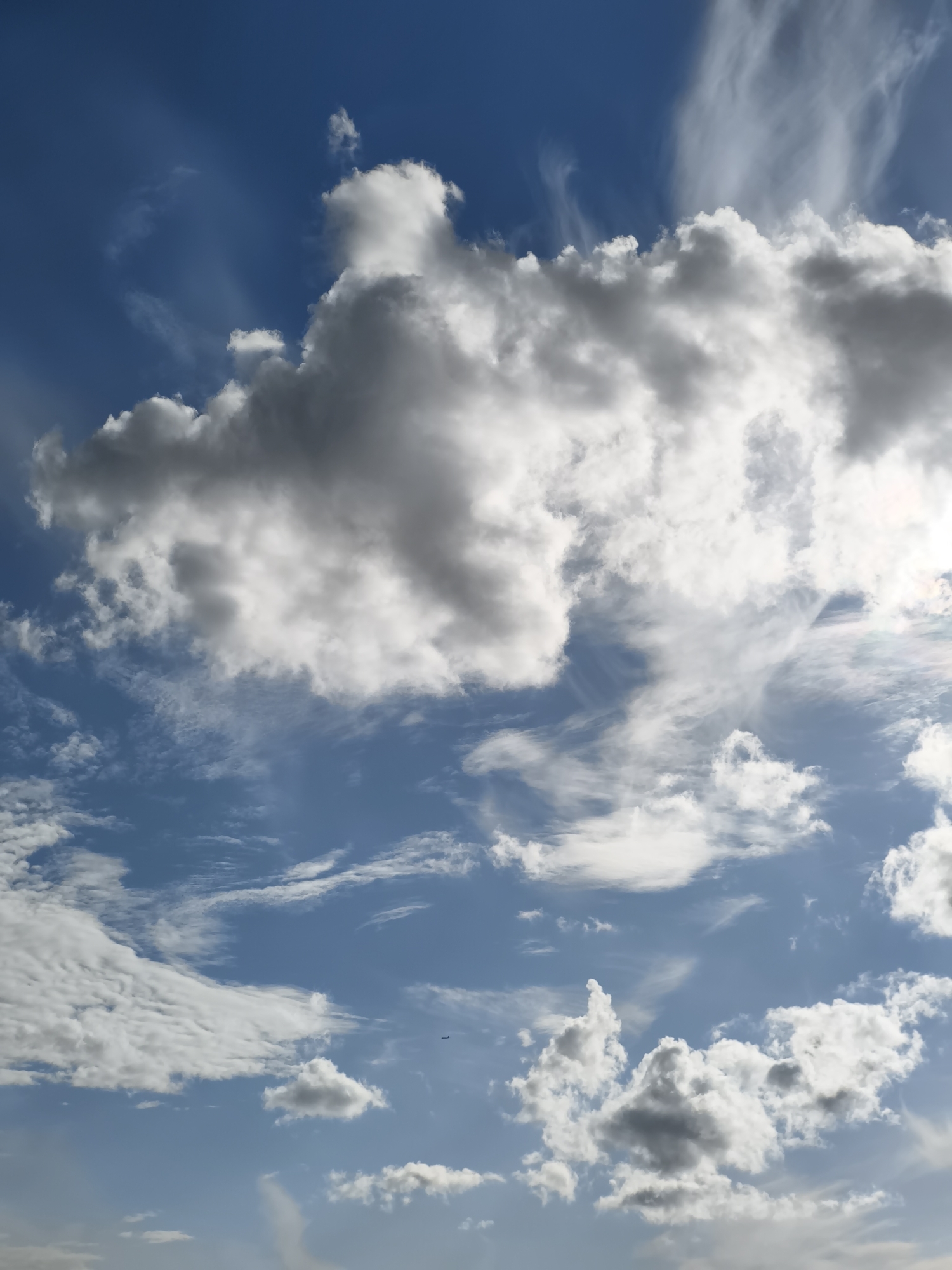 The image depicts a clear blue sky with scattered clouds. In the distance, a dark silhouette of a small aircraft is visible. The clouds vary in form and density, ranging from wispy cirrus to more substantial cumulus formations. The lighting suggests it is daytime, with sunlight illuminating the clouds. There is no indication of the city of Tallinn, Estonia in the image.