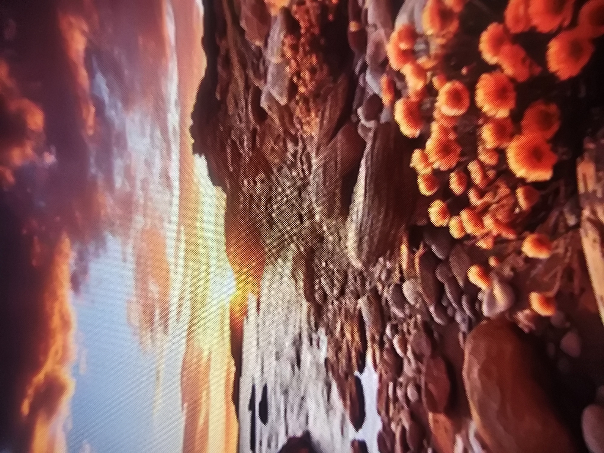 The image depicts a rocky shoreline with the sun setting over the ocean. The sky is filled with dramatic clouds in shades of orange, pink, and purple, illuminated by the setting sun. The water is calm, with small waves lapping at the shore. The foreground is covered with numerous rocks and pebbles, and a cluster of vibrant orange flowers is in bloom. The scene conveys a sense of natural beauty and tranquility.