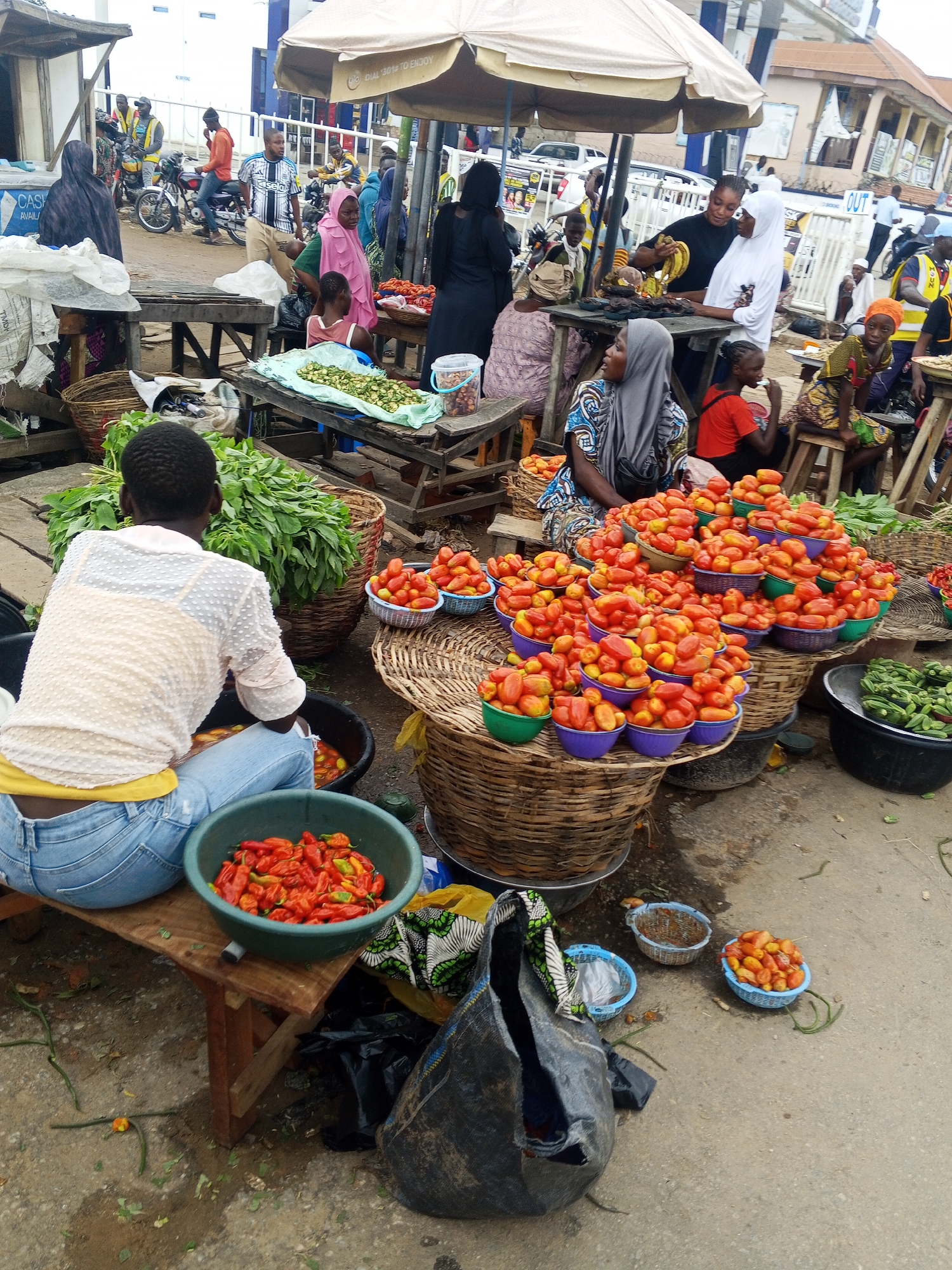 A busy outdoor market scene is depicted, likely in Zango-ndaji, Nigeria, with vendors and customers engaged in commerce. Several individuals, primarily women wearing traditional attire like headscarves and long dresses, are visible. Some are tending to their produce, arranging fruits and vegetables in baskets and bowls. Others appear to be customers, interacting with vendors or observing the merchandise. A significant amount of fresh produce, including tomatoes, peppers, and leafy greens, are prominently displayed in various containers. Baskets of varying sizes, woven from natural materials, are stacked and arranged around the stalls. The ground is made of asphalt and appears wet in places, suggesting recent rainfall. Several motorcycles are parked in the background, indicating common transportation in the area. The overall atmosphere is one of lively market activity.