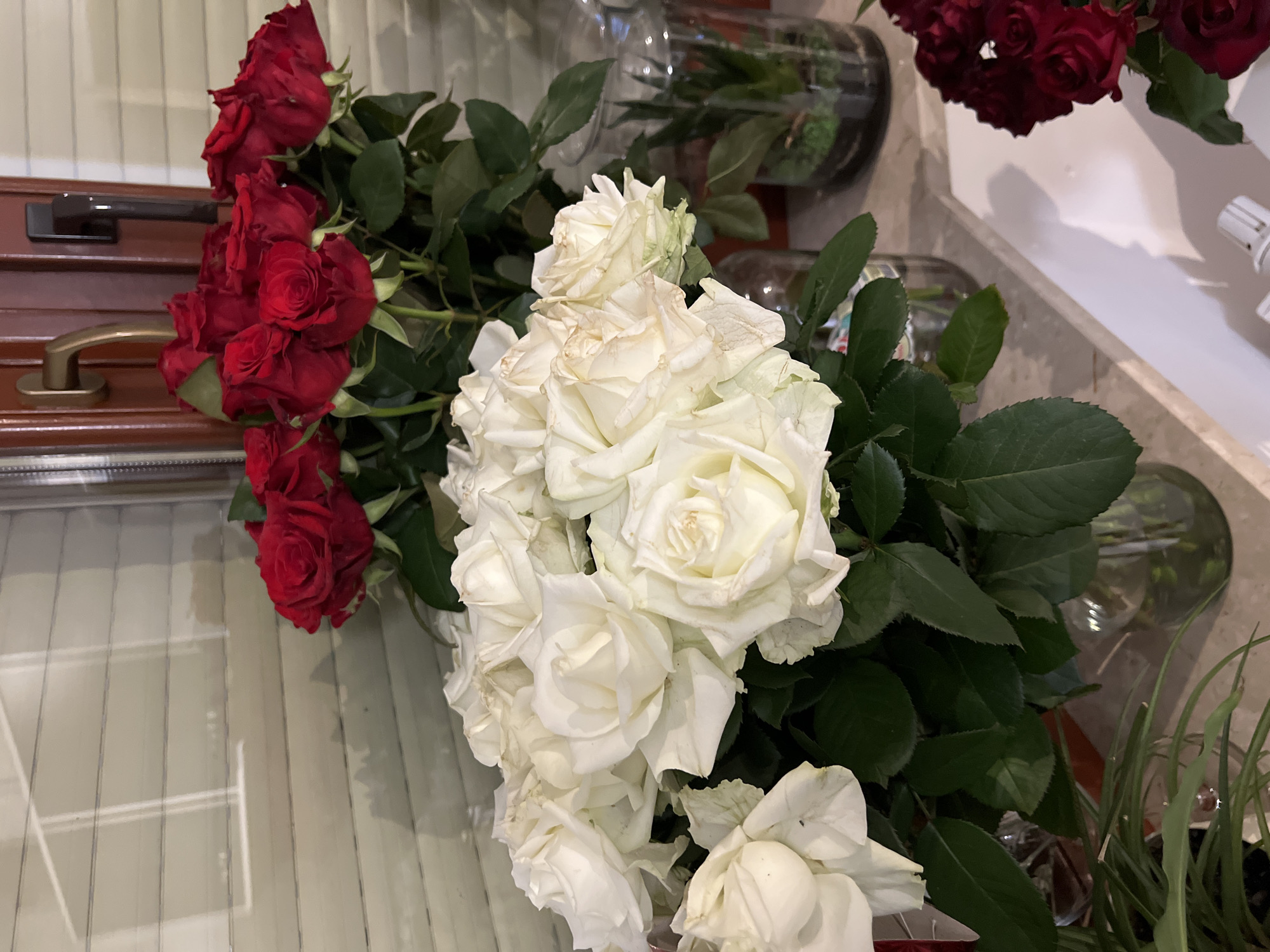 This media file displays a close-up, rotated view of two bouquets of roses, one red and one white, resting on a reflective surface. The red roses are clustered to the left, with their deep red petals tightly furled or slightly open. The white roses dominate the center and right of the frame, appearing larger and more fully bloomed, with delicate, slightly browning edges on some petals, suggesting they may be older. Both bouquets are adorned with lush green leaves.
In the background, partially visible, are large glass vases, one containing green foliage, suggesting the bouquets might be arranged for display or a special occasion. The setting appears to be indoors, possibly a home or event space, with a light-colored, subtly striped wall or backdrop. To the far left, a portion of a wooden piece of furniture with brass handles is visible, adding a touch of elegance. The lighting is soft and diffused, casting gentle shadows. There is no visible text in the image. The overall impression is one of floral beauty and arrangement. The location context of Krakow, Poland, does not offer any specific visual cues within the image itself.