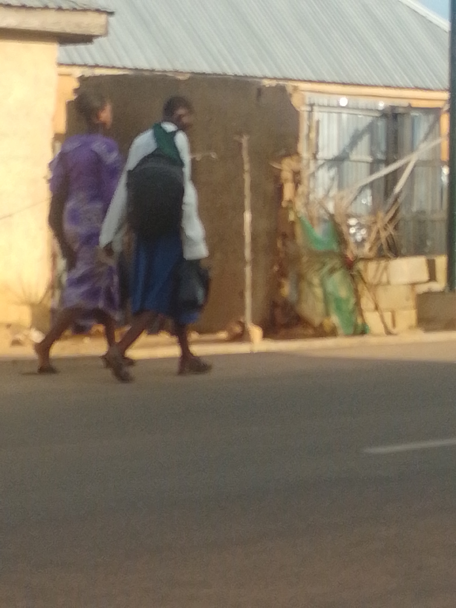 Two individuals are walking on a paved road in what appears to be a residential or market area. The person on the left is wearing a purple patterned garment. The person on the right is wearing a white shirt with a dark vest and blue trousers, and is carrying a black backpack. They are walking away from the camera, towards a building constructed with corrugated metal roofing and some brickwork. The environment suggests an outdoor scene in Gombe, Nigeria, possibly during daylight hours, with a blurred background indicating other structures and vegetation.