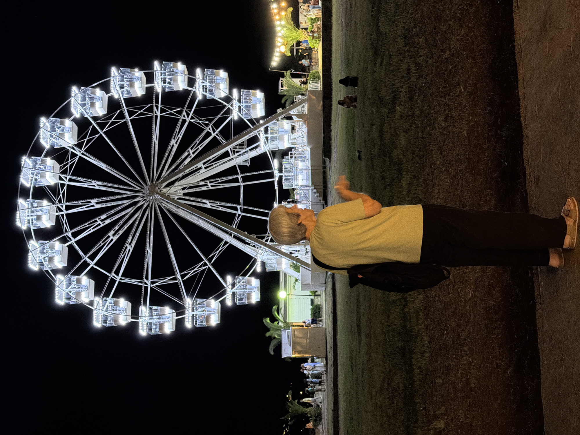 An elderly person, with grey hair and wearing a light green short-sleeved shirt and black pants, stands in the foreground facing away from the camera. They are carrying a black bag over their left shoulder. The person is standing on a paved area, with a grassy field behind them. In the background, a large Ferris wheel illuminated with white lights is prominently displayed against a dark sky. Several gondolas are visible on the wheel. Further in the background, there are palm trees, small buildings, and people gathered, suggesting an amusement park or fairground setting. String lights with yellow bulbs are visible in the distance. The scene is set at night.