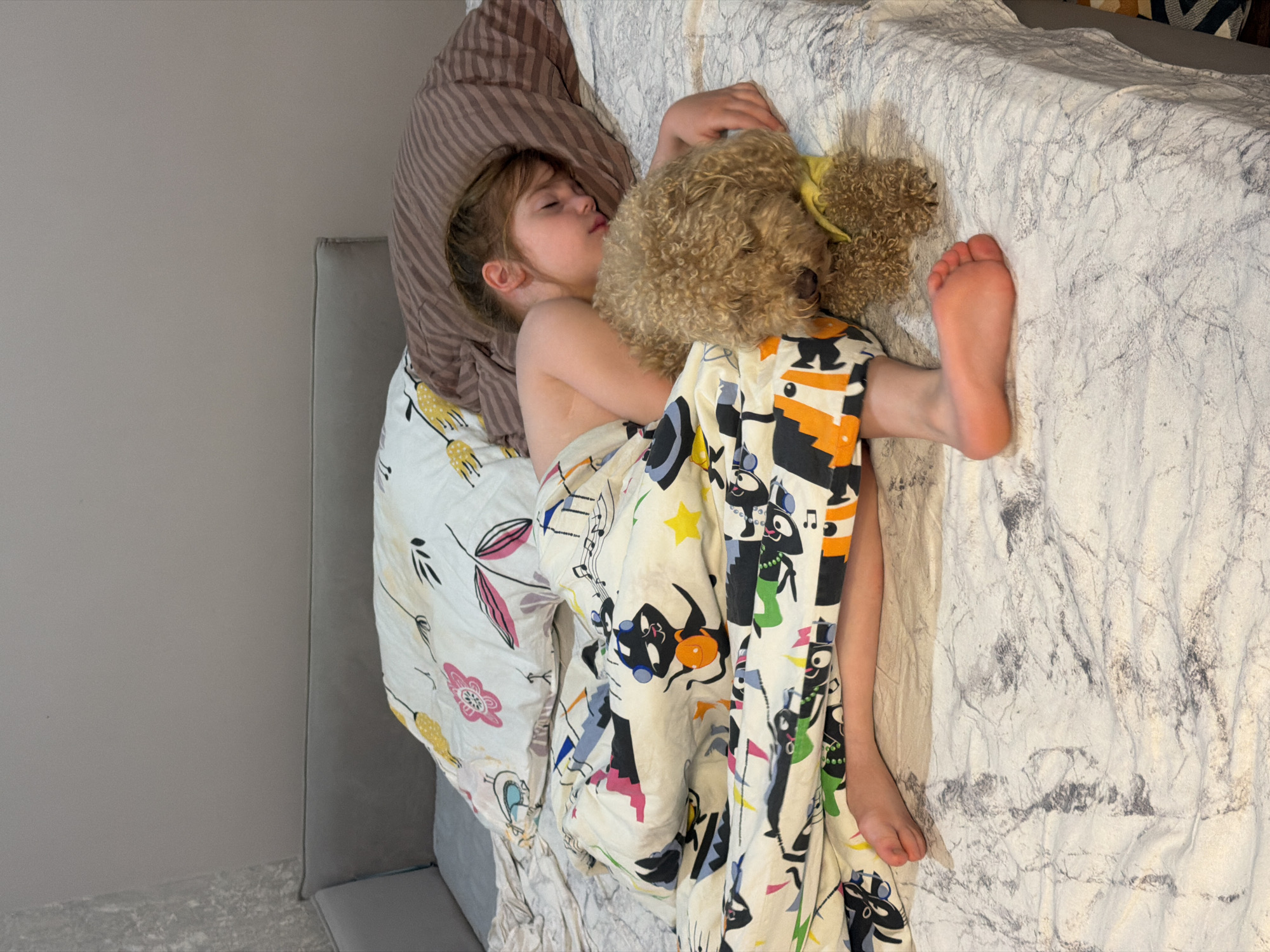 A young child with blonde hair is sleeping on a bed, nestled against a light brown, curly-haired dog. The child is lying on their side, with their face turned towards the dog, and is covered partially by a comforter featuring a cartoon pattern of cats and musical notes. Another pillow with a floral pattern is visible behind the child's head. The bed is covered with a white sheet with a gray marble-like pattern. The scene appears to be an indoor bedroom setting, likely in a residential apartment in the city of Perm, Russia, as indicated by the overall domestic environment and common furnishings. The lighting suggests it is either early morning or late evening.