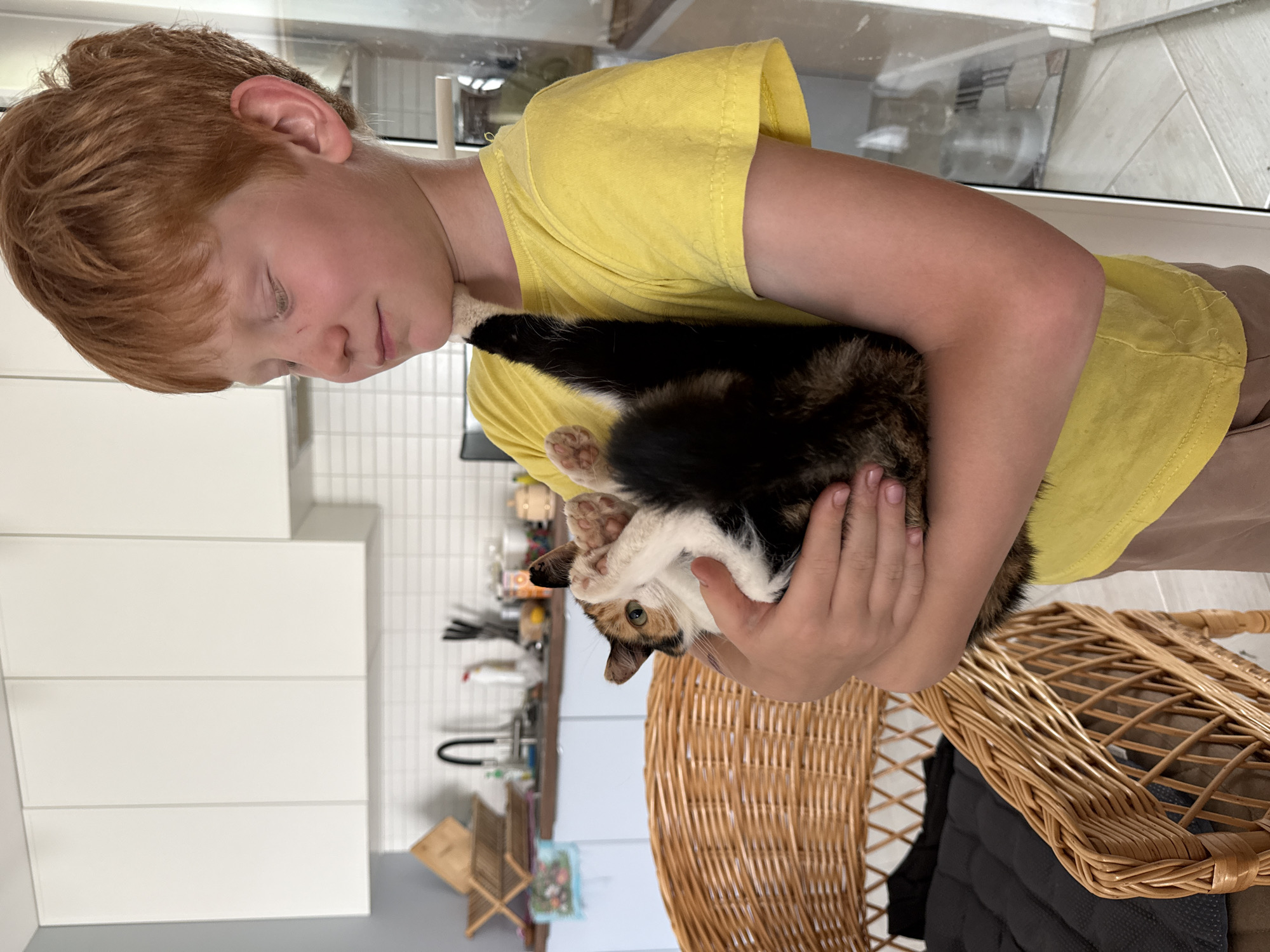 A young boy with red hair, wearing a yellow t-shirt, is holding a calico cat. The boy's eyes are closed, and he appears to be resting his head on the cat, with a gentle expression. The cat is held in his arms, curled up with its paws near its face, and its fur is a mix of black, white, and orange.
The scene appears to be indoors, likely a kitchen, given the white cabinets and tiled backsplash visible in the background. There is also a glimpse of a window, suggesting natural light is present, though the time of day is not definitively indicated. A woven wicker chair is partially visible in the foreground, adding a rustic touch to the setting. The overall mood is peaceful and affectionate, capturing a quiet moment between the boy and his pet. No visible text is present in the image. The location context is Пычанки, Russia.