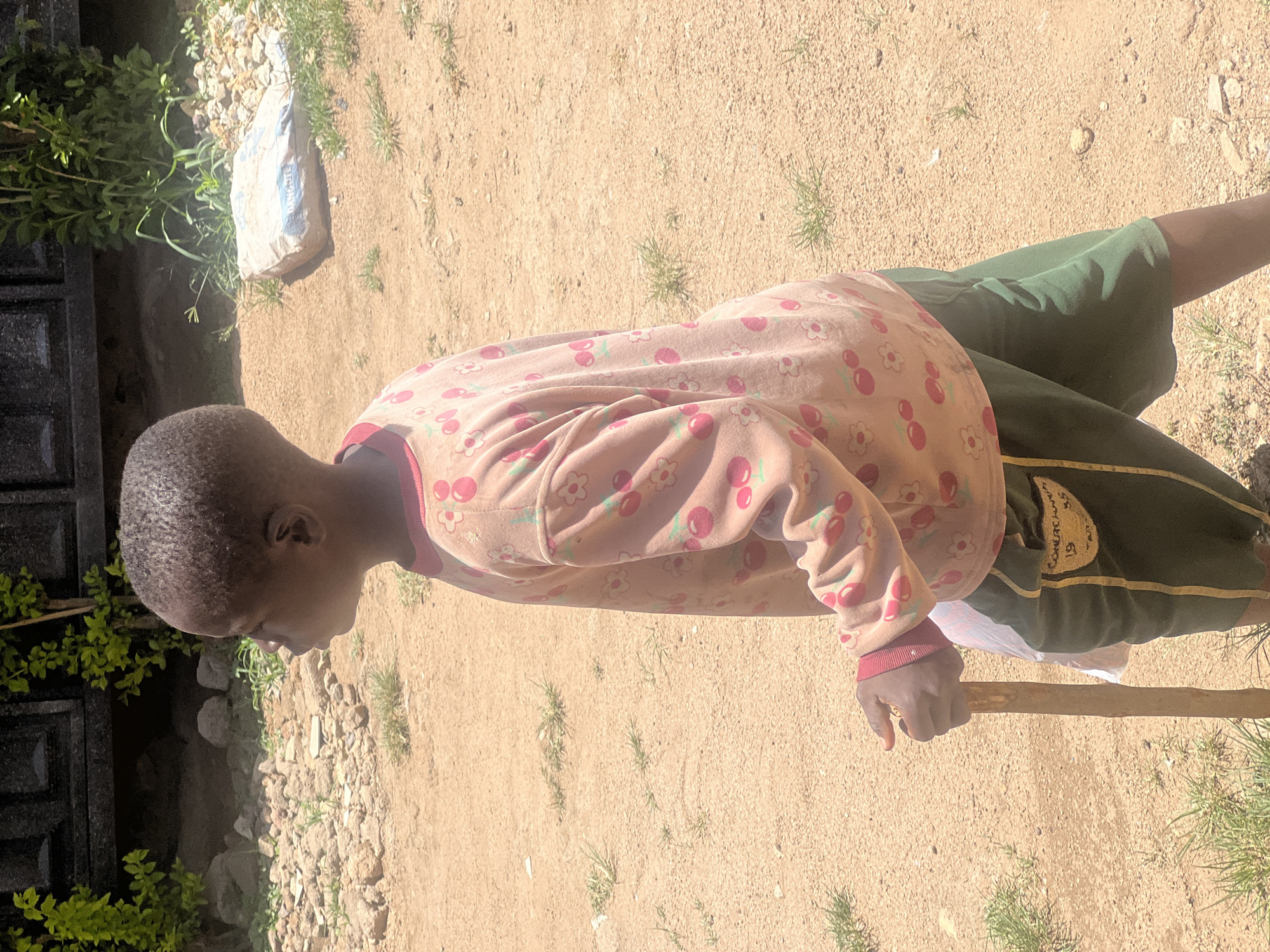 A young child stands outdoors on a sunny day in Gura Top, Nigeria. The child, viewed from the side, has short dark hair and is looking downwards. They wear a light pink long-sleeved top adorned with red cherry and white flower patterns, and dark green shorts. A long wooden stick is held in their right hand, with a white plastic bag tucked beneath it.
The setting appears to be a dry, dusty area with sandy soil and sparse patches of green grass. In the background, to the left, there is a dark, possibly metallic, gate or structure partially obscured by green leafy bushes. Further back, on the ground, there are various rocks and small pebbles. A light-colored sack, possibly a cement bag, with some blue markings (illegible text) is visible among the rocks and vegetation.
Bright sunlight casts clear shadows, indicating it is daytime. The weather is dry and clear. On the child's green shorts, some white text is partially visible, appearing to say "CHURCH YOUTH" and the number "19". The child's activity seems to be a moment of pause, possibly contemplating something on the ground or simply standing in thought.