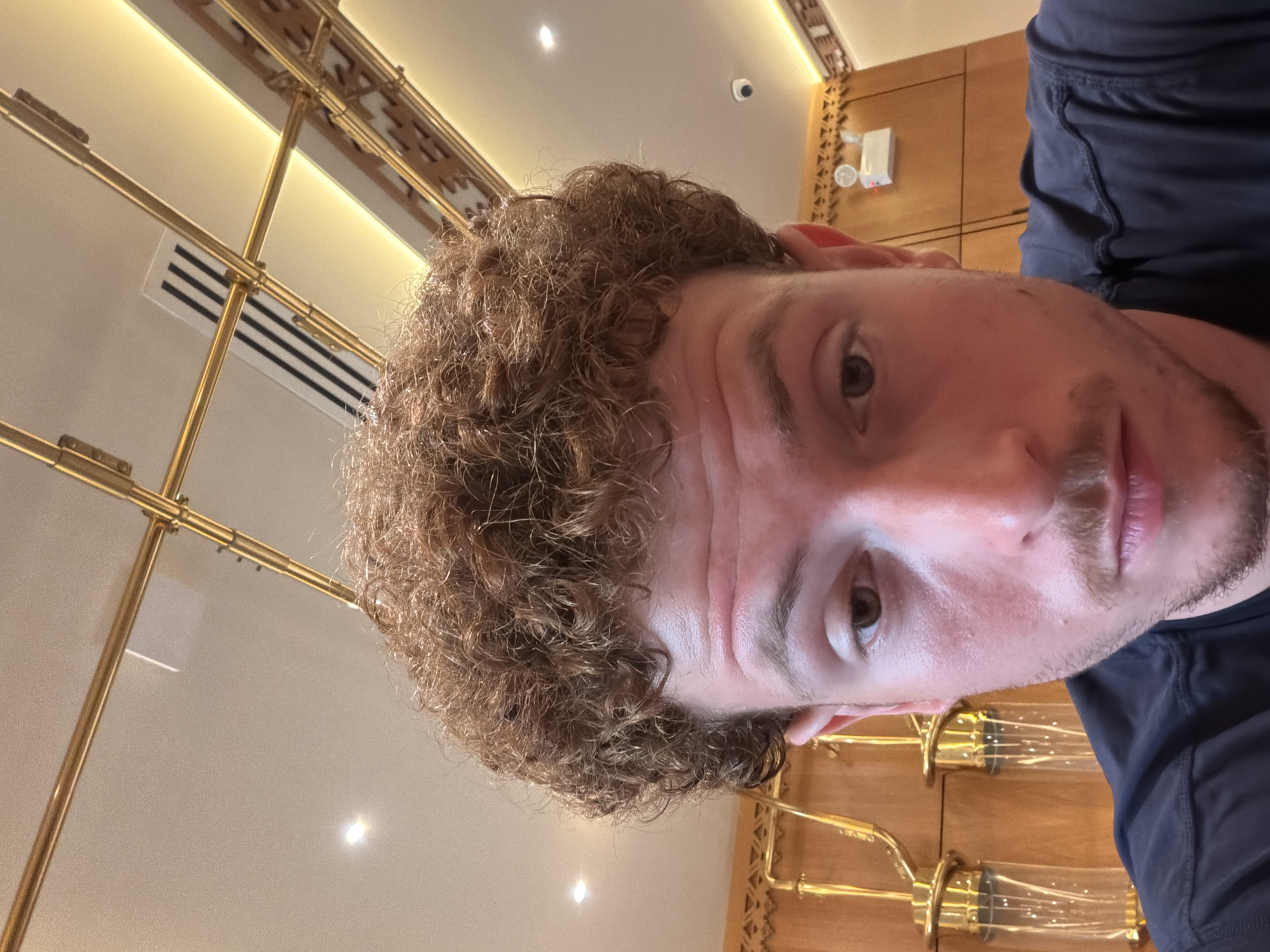 A close-up, slightly off-center, and tilted selfie of a fair-skinned man with curly brown hair and stubble. He is wearing a dark blue garment. The background shows an interior with gold-colored lighting fixtures and decorative wooden paneling. A small white device, possibly a thermostat, is mounted on the wall in the background. Air conditioning vents are also visible in the background.
While the interior's style may suggest a specific type of building, there is no clear identifying information to determine if it is in New York City, United States of America. Therefore, it is not possible to confirm the location.