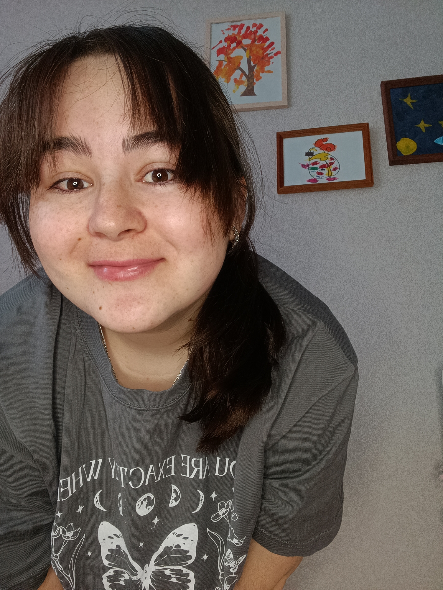A close-up, eye-level shot depicts a woman with fair skin, brown hair, and freckles. Her hair is styled with bangs partially covering her forehead, and the rest is loosely pulled back. She is wearing a gray t-shirt featuring a white graphic of a butterfly, floral motifs, and celestial symbols like moons and stars. The text on the shirt appears to be mirrored. She is also wearing a thin silver chain around her neck and small silver earrings. Behind her is a light gray wall adorned with three small framed pictures. One depicts an autumn tree with orange and red leaves, another shows a colorful figure, and the third shows a night scene with stars and a moon. The background suggests an interior setting, possibly a room in a home. There is no indication that the photo was taken in Noviy, Russia.