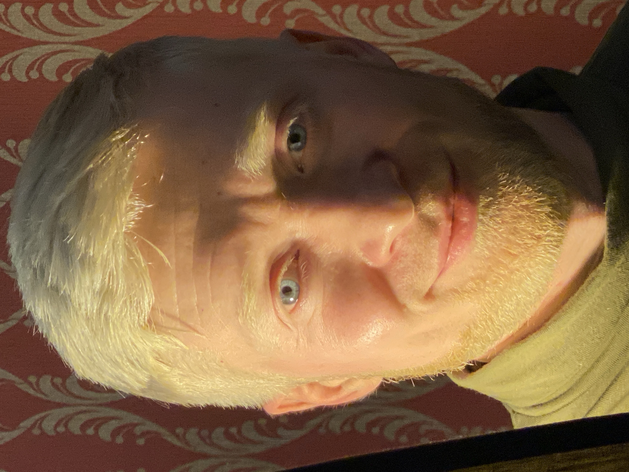 The image depicts a close-up of a man's face. He has fair skin, blue eyes, and light blond hair and a beard. The lighting is uneven, creating strong contrasts of light and shadow across his face. He is wearing a light green shirt. The background is a patterned fabric in red and gold tones. There is no evidence to suggest the location is Yekaterinburg, Russia.