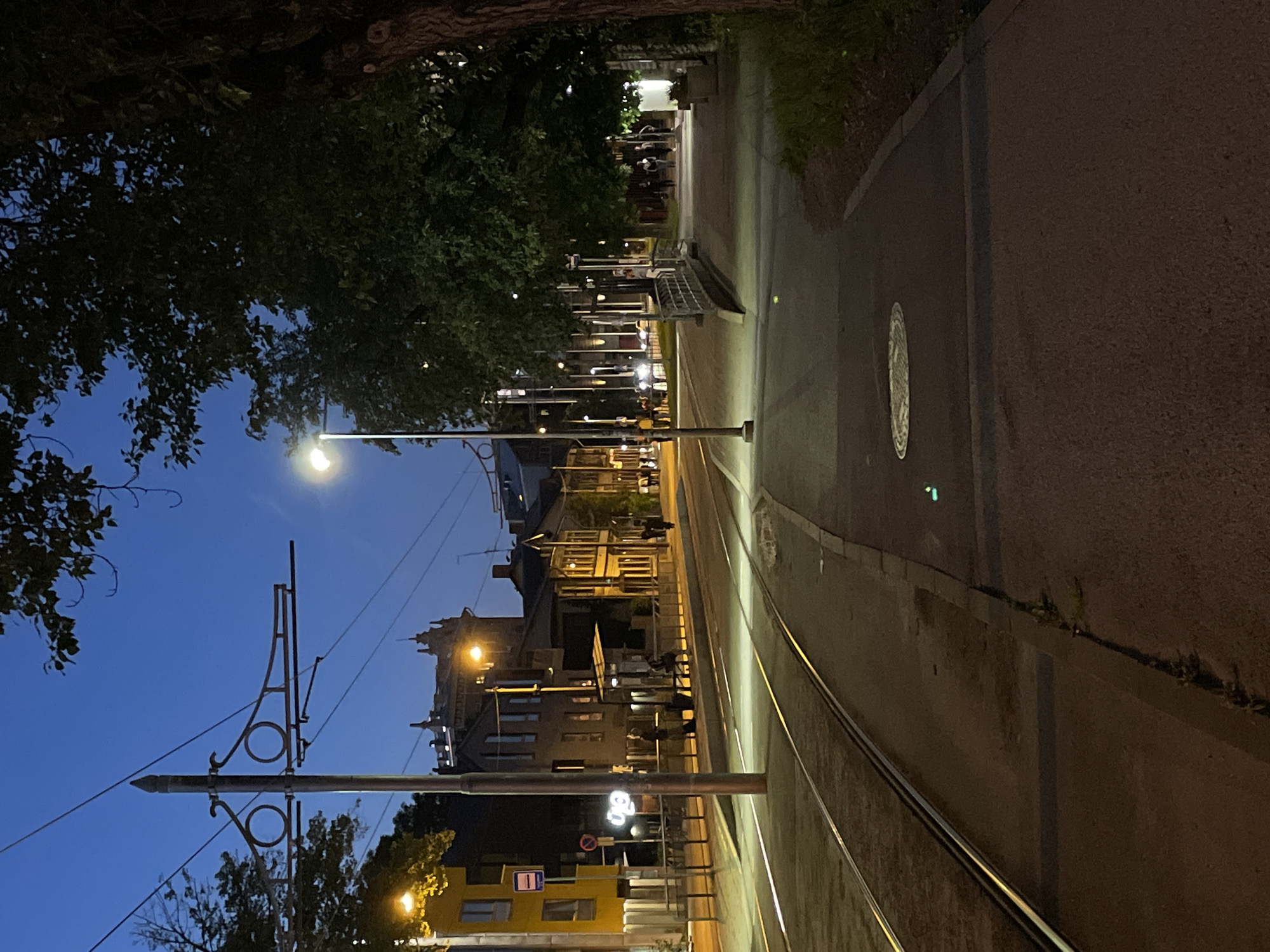 This image captures a street scene in Tallinn, Estonia at dusk. The foreground features tram tracks running parallel to a pedestrian walkway. The walkway is illuminated by streetlights, casting a warm glow on the pavement. Several people are visible walking along the path and waiting at a tram stop on the opposite side of the street. The background consists of buildings with illuminated windows, characteristic of an urban environment. Trees with dense foliage line the street, their dark forms contrasting with the twilight sky. The overall atmosphere is calm and serene, suggesting a typical evening in the city.