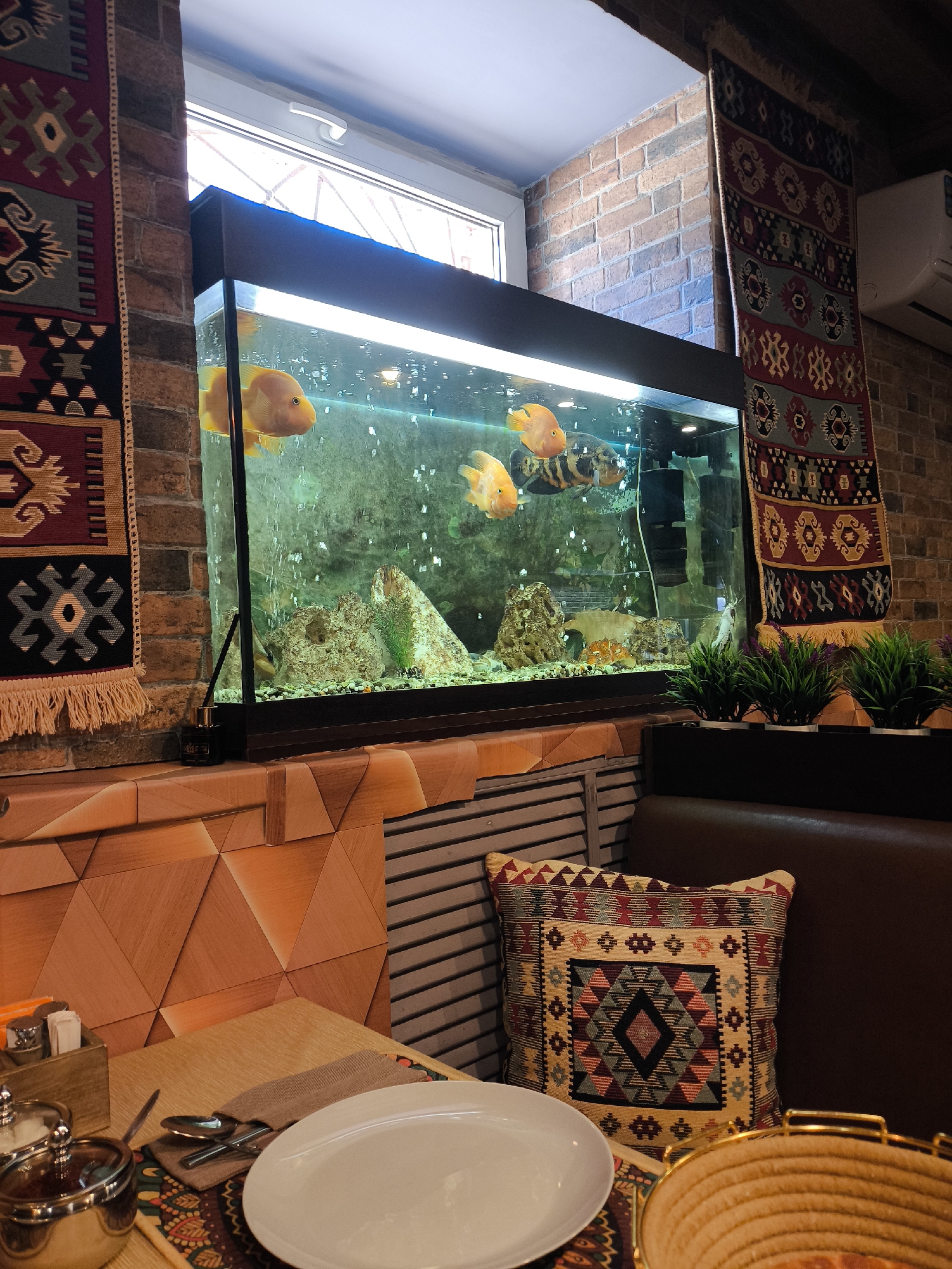 A wide-angle, eye-level shot shows an indoor scene with an aquarium as the centerpiece, situated on a ledge against a brick wall. The aquarium contains several large, orange fish, rocks, and a green plant. To the left and right of the aquarium, decorative textiles with geometric patterns hang vertically. A table is set with a white plate, silverware, and a stainless steel condiment holder. A plush pillow with a geometric pattern rests on a dark brown booth. The background includes a window with a white frame, and to the right, a white air conditioning unit. The lighting appears to be artificial.