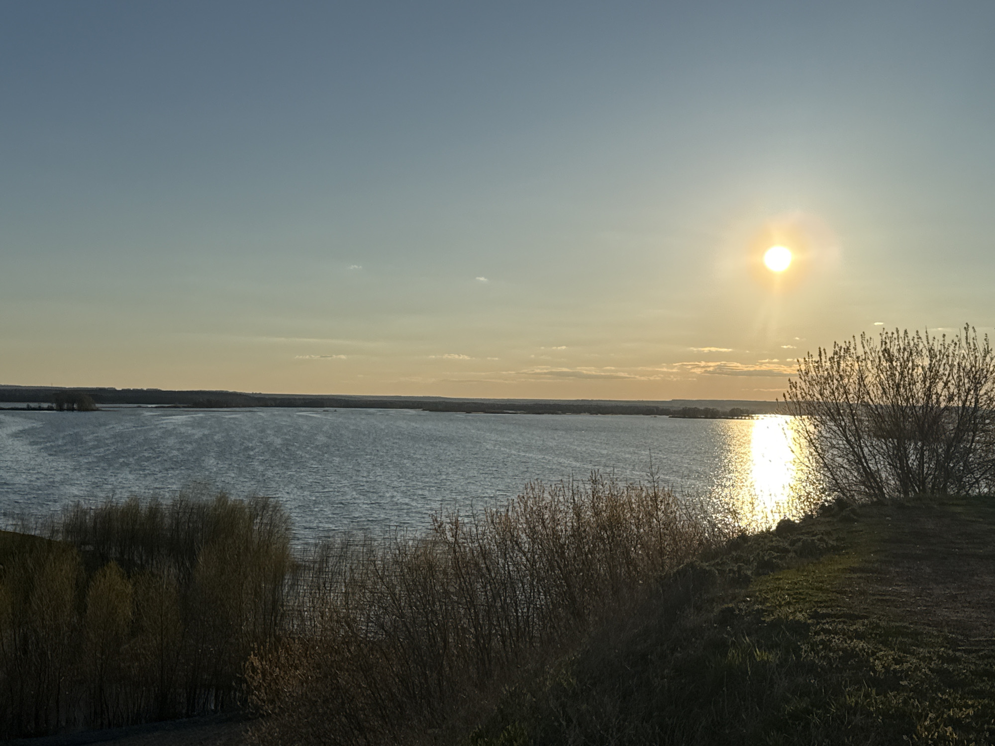 The image depicts a sunset over a body of water in Sviyazhsk, Russia. The sun is positioned high in the sky, reflecting brightly on the water's surface. The shoreline is visible in the distance, with vegetation in the foreground. The sky is a gradient of light blue and yellow, typical of sunset. There are no visible people or animals. The water surface is marked by ripples, suggesting a gentle breeze. The terrain in the foreground is grassy, with some bushes.