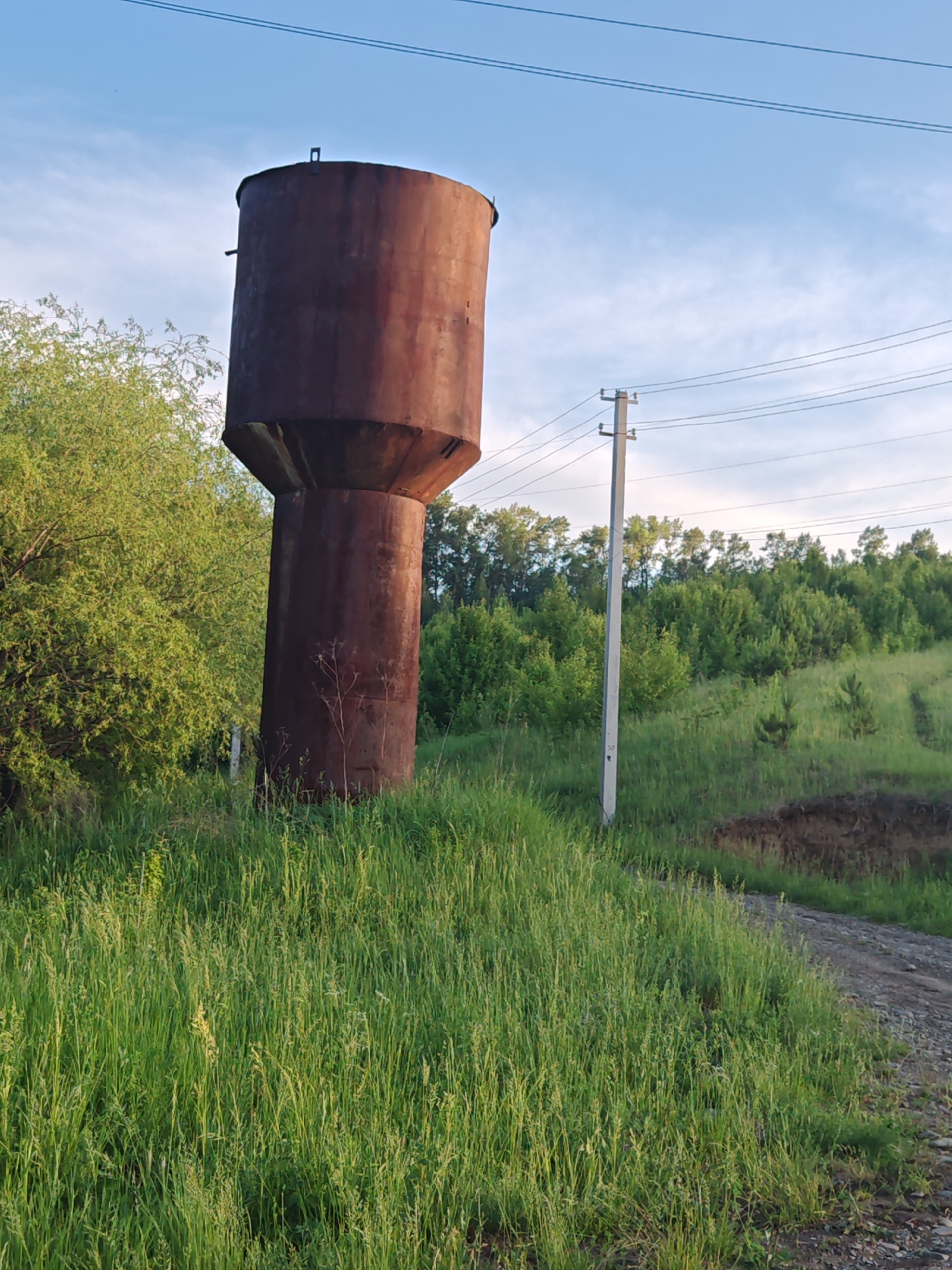 An old, rusted, cylindrical water tower stands tall in a grassy field. The tower has a wider top section that tapers into a narrower, cylindrical base. The metal appears weathered and corroded. To the left of the tower is a dense cluster of green trees. A single utility pole with wires stretches across the top of the image. The ground in front of the tower is covered in tall, green grass. In the background, there is a gentle slope covered in more greenery, with a dirt path visible on the right side. The sky is blue with scattered clouds. This scene is located in the city of Altayskoye, Russia. There are no people visible in the image.