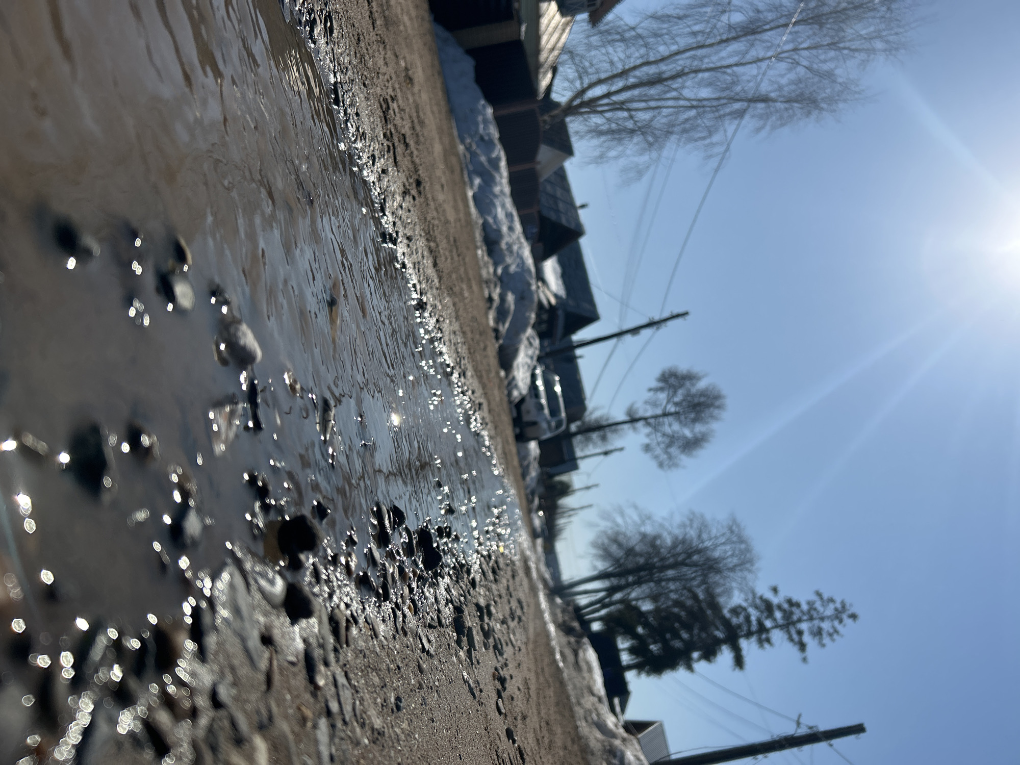 A low-angle shot of a muddy puddle reflecting sunlight on a dirt road in Chaikovsky, Russia. Along the right side of the road, patches of melting snow lie next to houses. Bare trees and utility poles are visible against a clear blue sky with a bright sun. The focus is on the muddy water and pebbles in the foreground, with the background appearing slightly out of focus. No people are visible.