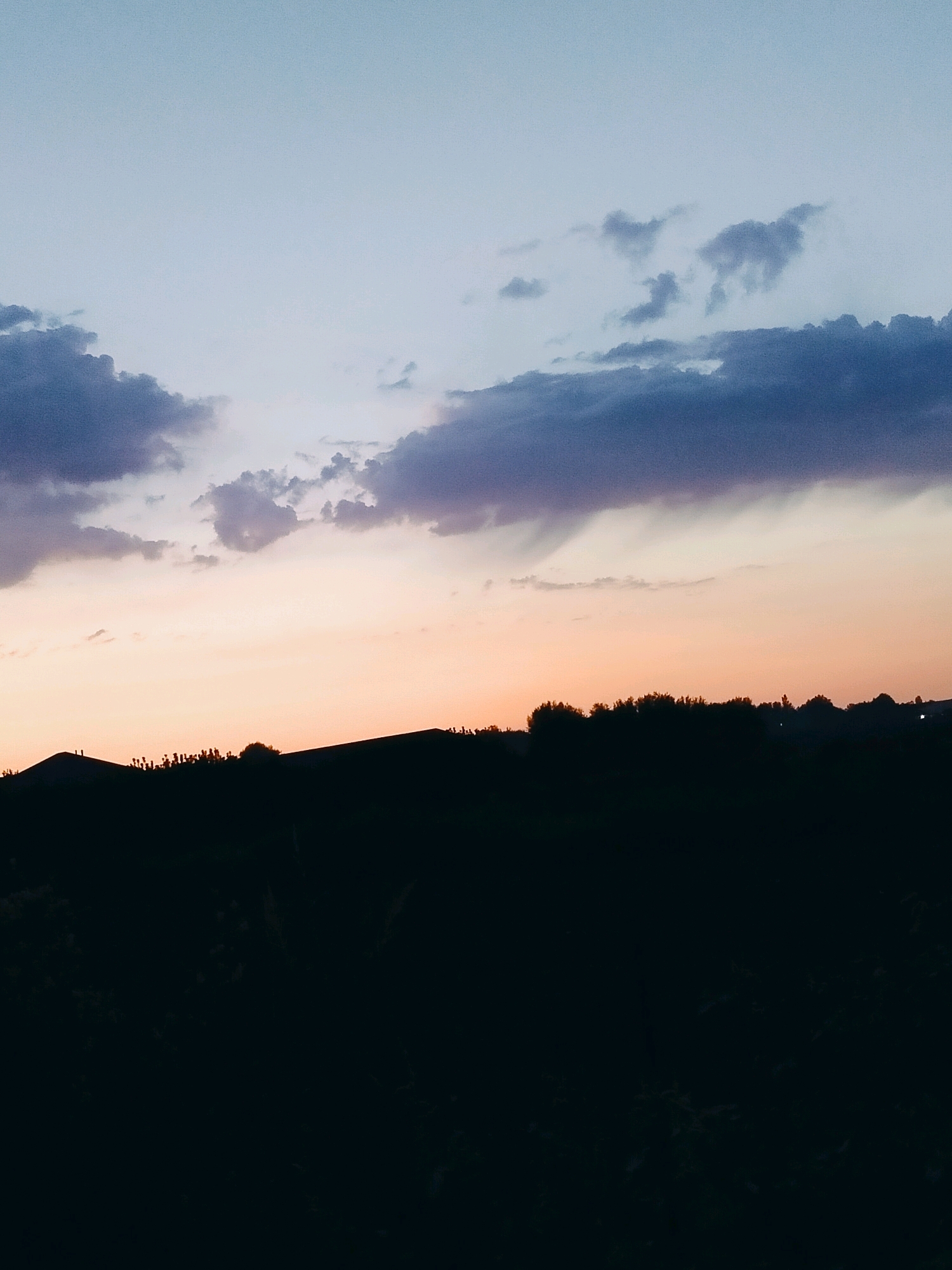 The image depicts a silhouetted landscape against a dusky sky. The foreground is dominated by dark, indistinct vegetation and the crest of a hill or elevated terrain. Two structures, appearing as dark triangular shapes, are visible on the left side of the elevated terrain, suggesting rooftops or building outlines. A line of trees or bushes is silhouetted along the upper edge of the terrain. The sky displays a gradient of colors, transitioning from a light blue at the top to a pale orange-yellow near the horizon, indicative of sunset or twilight. Several clouds are present, with darker, purplish-blue clouds in the upper portion and lighter, more diffused clouds closer to the horizon. The scene appears to be an outdoor, rural or semi-rural setting. There are no people or identifiable human subjects visible in the image. The environment is natural, with the presence of flora and geological formations. No specific identifiable landmarks or structures that would pinpoint the location within the city of Көлкент, Kazakhstan are present.