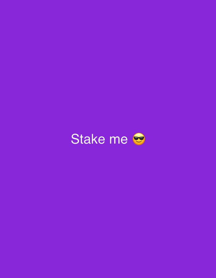 The image is a plain purple background with the words "Stake me" and a sunglasses emoji in white text. The scene does not depict any specific location in Dragoevo, Bulgaria.