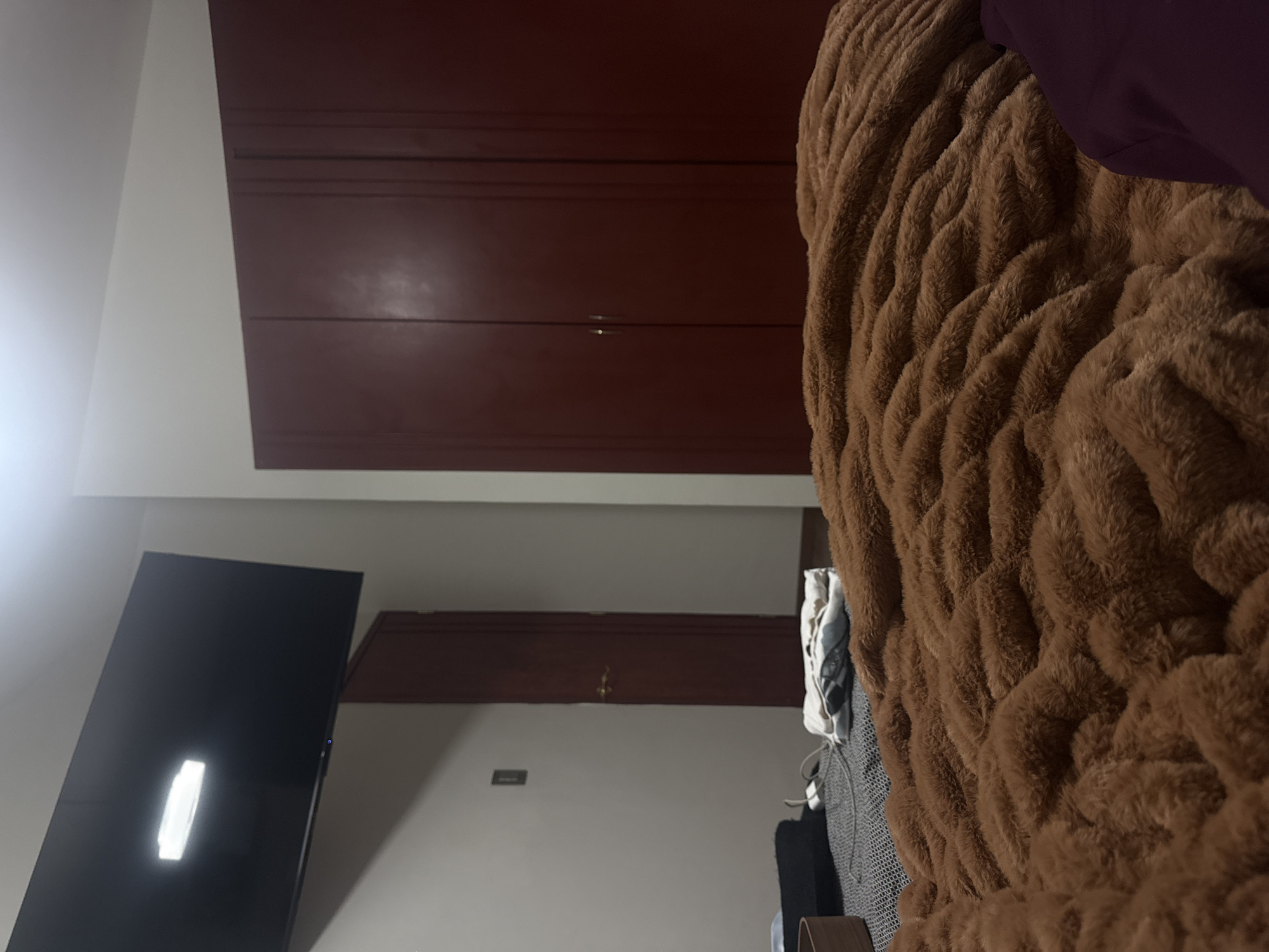 The image depicts the interior of a room. A large brown wardrobe dominates the upper portion of the frame. A television is mounted on the wall. To the right, a brown textured blanket is draped over what appears to be a bed or other surface. The background suggests a domestic environment. The location in Heroica Puebla de Zaragoza, Mexico is assumed.
