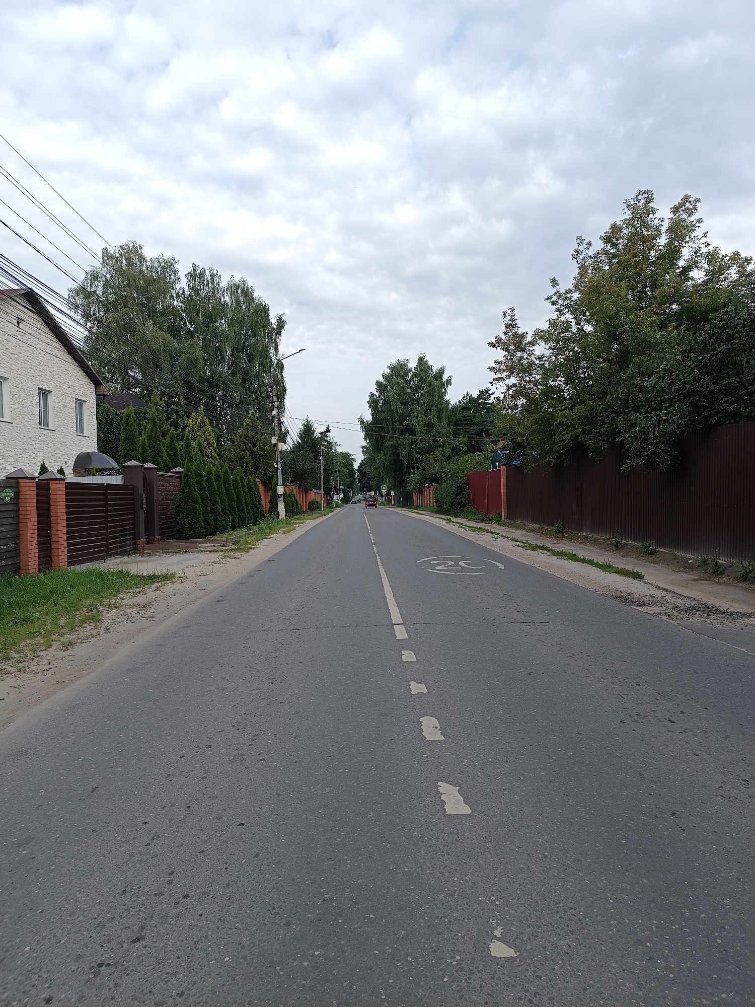 A straight, asphalt road with a white dashed line down the center runs through a residential area in Bykovo, Russia. The road is flanked by fences and mature trees. On the left side of the road, there is a white building with a red-tiled roof, a brick and dark brown metal fence, and a row of green coniferous trees. On the right side of the road, there is a dark brown metal fence and a variety of green trees, some with autumnal foliage. A speed limit sign indicating "20" is visible on the right side of the road. The sky is overcast with white clouds. Two cars are visible in the distance on the road. The overall scene depicts a quiet, suburban street.