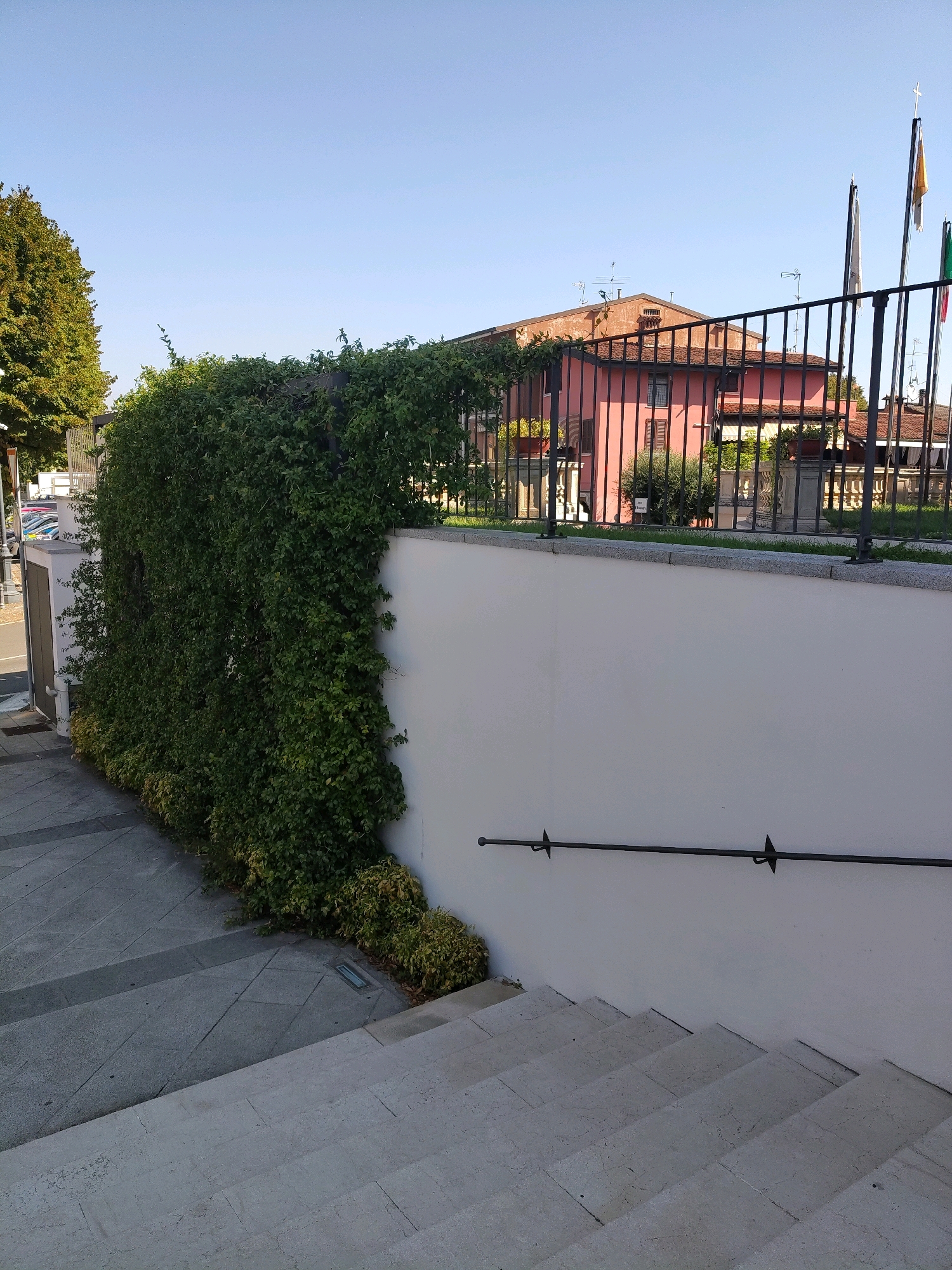 The image depicts an outdoor scene with a clear blue sky overhead. In the foreground, there are concrete stairs leading downwards. To the left of the stairs, a wall is covered in dense green ivy. Beyond the wall and the ivy, a black metal fence encloses an area. Behind the fence, a light pink building with red tiled roofs is visible. Several flags, including a yellow and white flag with a cross, and a green, white, and red flag, are flying from poles on top of the building or nearby. The environment appears to be an urban or suburban setting.