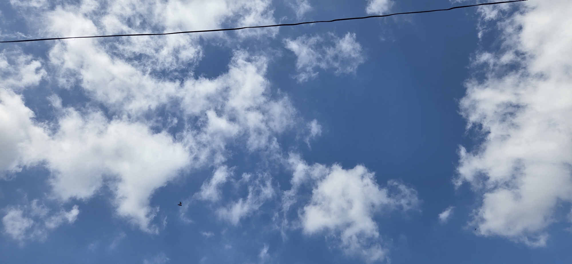 The image shows a bright blue sky with scattered white cumulus clouds. A thin black wire stretches across the top of the frame. In the lower left quadrant of the image, a small black bird is flying against the backdrop of the clouds and sky. The scene is an outdoor, natural environment. The location in Tel, Azerbaijan is not depicted or suggested by the image content.
