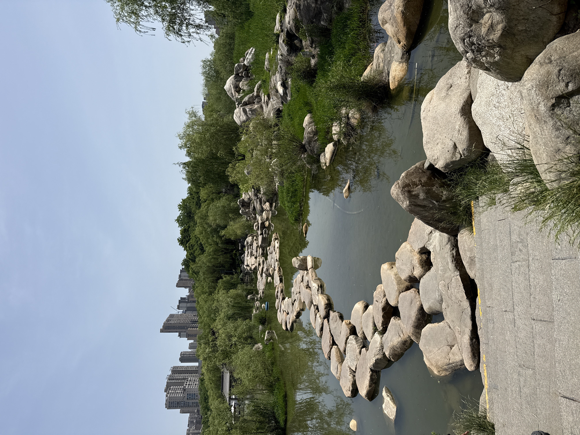 The image shows a view of a park area in Yanta District, China. A line of large rocks acts as a stepping stone path across a body of water, likely a pond or small lake. The water reflects the sky and surrounding vegetation. On the left side of the water, there's a dense area of trees and some glimpses of buildings, suggesting the park is located within or near an urban area. The sky is a light blue, indicating clear weather. On the right side of the image, there is a paved walkway next to the rock path. The overall scene depicts a park setting that combines natural elements with urban development.