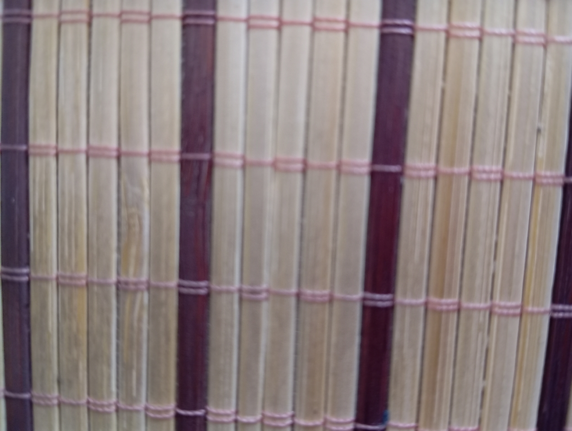 The image shows a close-up, slightly blurred view of a woven bamboo mat. The mat is made of horizontal strips of light-colored bamboo alternating with darker, reddish-brown bamboo strips. These strips are held together by thin, pinkish threads that run vertically. The texture is rough and organic, with visible grain patterns on the bamboo. The lighting appears to be natural and diffuse, casting no harsh shadows. The overall impression is one of a rustic, textured surface. There is no identifiable location in the city of Hlynytsi, Ukraine, or any people, actions, or interactions present in the image.