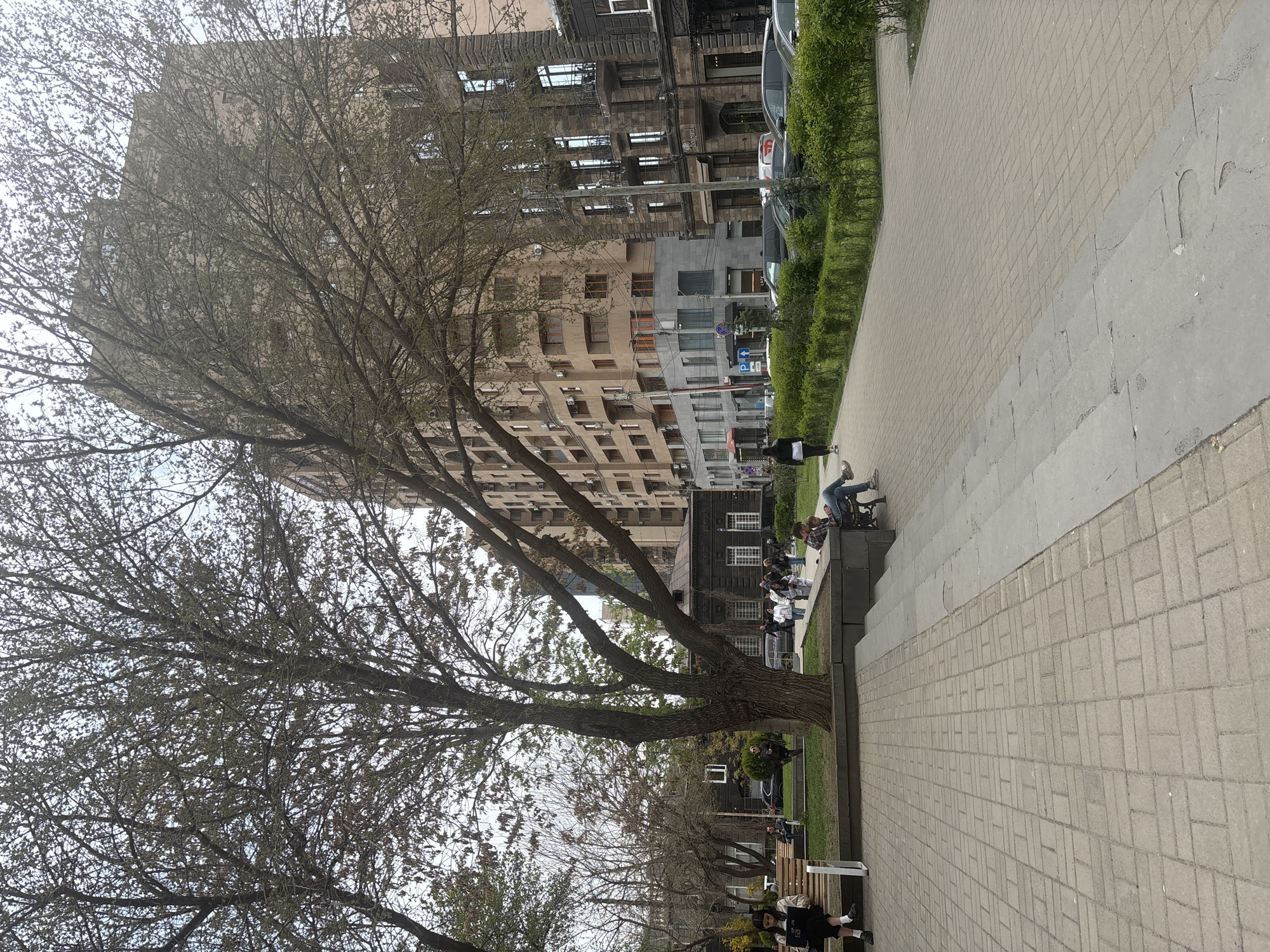 The image shows a city scene in Yerevan, Armenia, featuring a paved pedestrian area adjacent to a green space with trees. Several multi-story buildings are visible in the background. People are seated and walking along the pedestrian area and within the green space. Benches are present along the edge of the green space. The sky appears overcast.