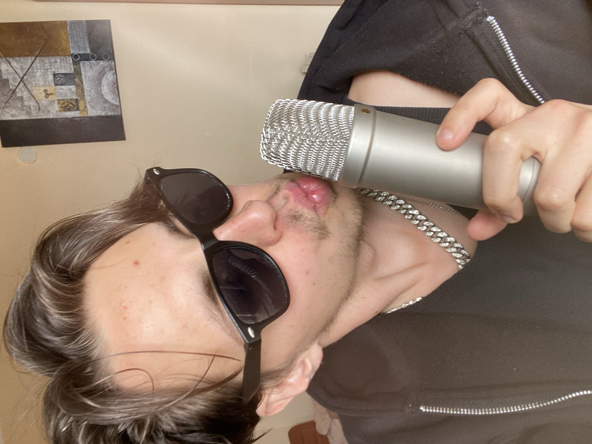 A close-up, selfie-style image captures a person from the chest up, holding a silver condenser microphone close to their lips. The person has fair skin, dark hair with streaks of gray, and is wearing dark sunglasses. They also have a silver chain necklace. They are dressed in a dark-colored jacket or hoodie with a zipper. In the background, a beige wall is visible, adorned with a framed piece of abstract art featuring various geometric shapes and shades of brown, gray, and white. There is no evidence to suggest that this photo was taken in the city of Šušanj, Montenegro.