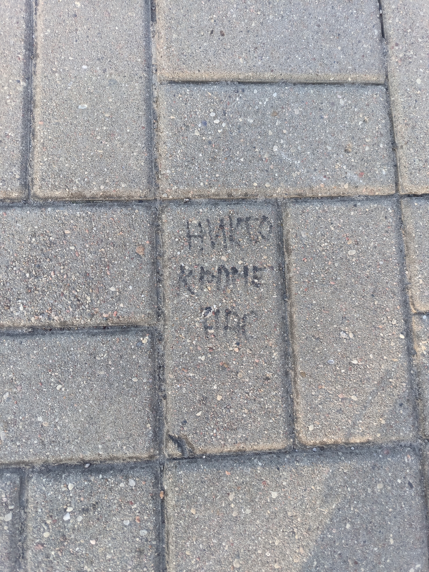 The image shows a section of gray paving stones, likely on a sidewalk or pedestrian area in Ivatsevichy, Belarus. There are three lines of handwritten text in black marker on two of the paving stones. The first line reads "НИКТО" (NIKTO), meaning "nobody". The second line reads "КРОМЕ" (KROME), meaning "except". The third line is less clear but appears to be "НАР" (NAR) or "РАЙ" (RAY). The text is applied directly to the surface of the stones, with some areas appearing faded or smudged. The paving stones themselves are rectangular and laid in a staggered pattern. The lighting suggests it is daytime, with shadows indicating the direction of the sun. There are no people or other significant objects visible in the frame.