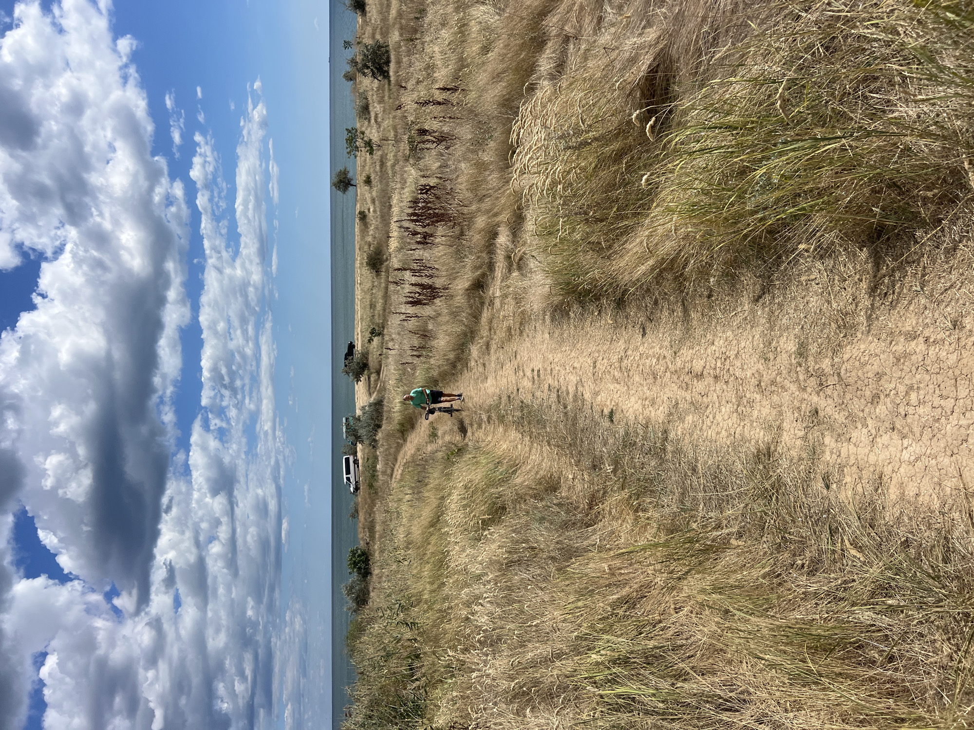 A person is walking their bicycle down a dirt path in a grassy field with the sea in the background. The sky is blue with white clouds. There are vehicles parked in the distance near the sea. The area appears to be Fontanka, Ukraine.