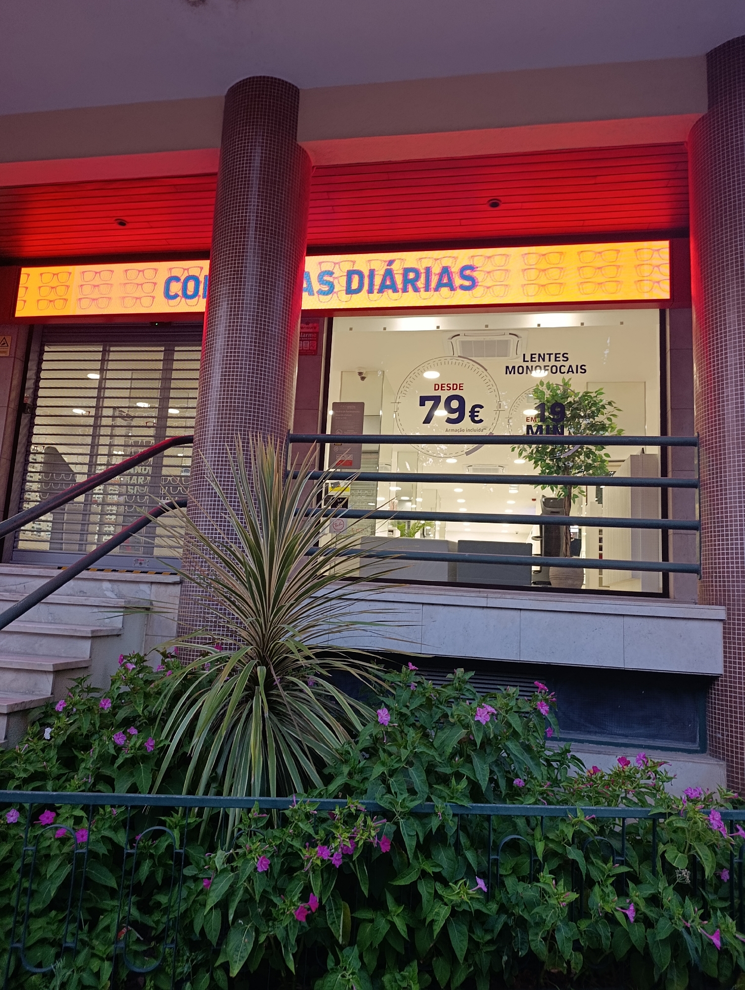 The image shows the exterior of an optician's shop located in Setúbal, Portugal. A large, illuminated sign above the shop reads "COISAS DIÁRIAS" (Daily Things) and features repeated images of eyeglasses. Below the sign, the shop window displays promotional information, including "LENTES MONOFOCAIS DESDE 79€" (Single Vision Lenses from €79) and "19€ MAIS" (€19 More). The shop entrance is covered by a metal security grate. In front of the shop, there are several steps leading up to the entrance, a potted plant, and a dense arrangement of green leafy bushes with small pink flowers. A dark metal railing runs horizontally across the lower portion of the image, in front of the greenery. The building facade is a mix of tiled columns and a grey stone-like material. The overall scene suggests a commercial establishment in a public area, likely an outdoor walkway or street.