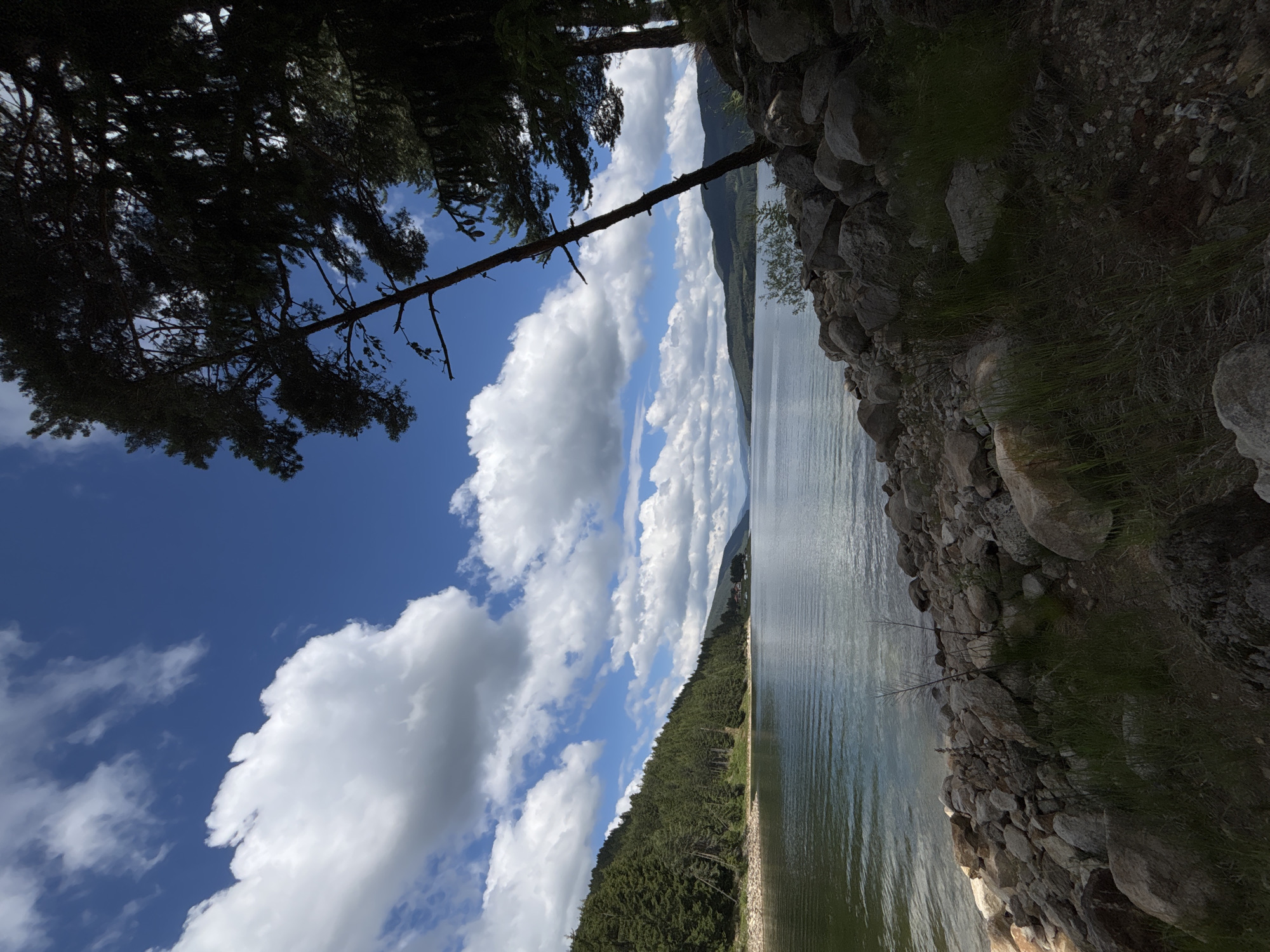 A body of water, likely a lake, is visible with a forested hill on the left bank and a rocky shore in the foreground. The sky is blue with scattered white clouds. The water is calm with ripples. Trees are present on the right side of the image, casting shadows. In the distance, rolling hills are visible. There are no people or man-made structures directly visible in the main focus of the image, though a small cluster of buildings can be discerned on the far bank of the lake.