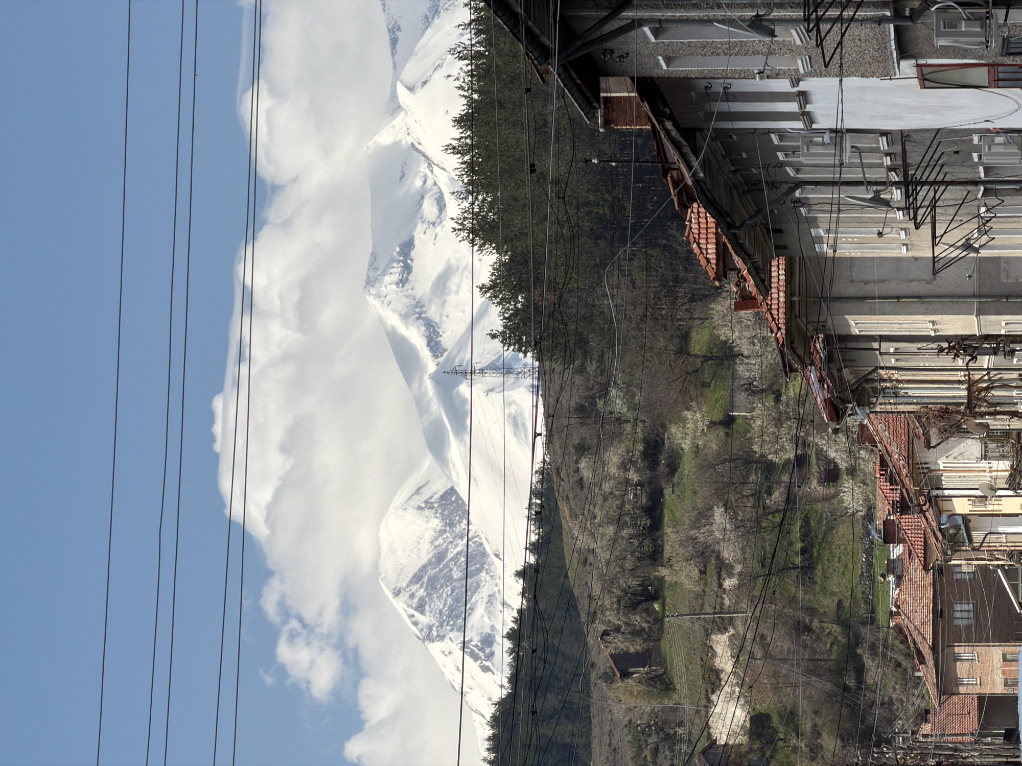 The image depicts a view in Eleshnitsa, Bulgaria. On the left side, snow-capped mountains are visible with blue sky and clouds in the background, with some electrical wires running across the sky. On the right side is a cluster of buildings, most likely residences, with red tile roofs. A forested area lies between the mountains and the buildings. Electrical wires are also prominent in front of the buildings and the forested area.