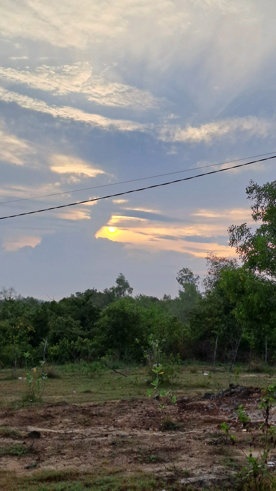 This image captures a natural scene, likely in Lhokseumawe, Indonesia, with a focus on the sky and vegetation. The sky is dominated by soft, diffused sunlight peeking through a layer of wispy clouds, creating a hazy, atmospheric effect. A few scattered, thin clouds drift across a pale blue sky. Below the sky, a dense line of green trees forms the horizon, suggesting a natural or semi-rural area. The foreground shows a patch of dry, brown earth with sparse green grass and a few small plants. A dark power line stretches horizontally across the upper portion of the frame, indicating the presence of human infrastructure. There are no people or animals visible in the scene.