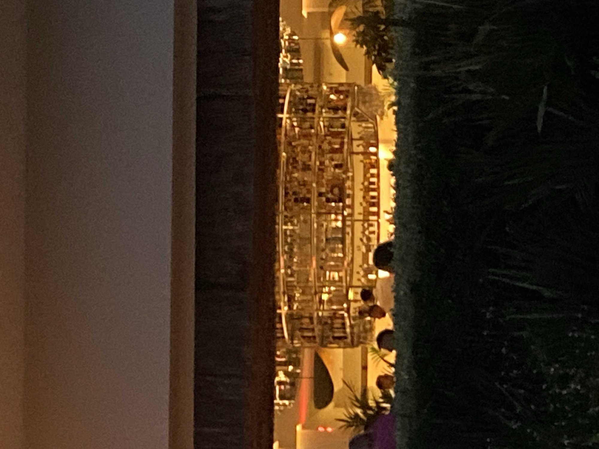 The image shows a dimly lit outdoor scene at dusk or night, with a focus on a brightly lit bar area seen through a dark foreground of foliage and shrubbery. The bar is circular and multi-tiered, with rows of bottles illuminated from within. Several people are visible sitting or standing in front of the bar, their faces obscured by the low light and distance. To the left of the bar, a curved, abstract sculpture or architectural element is visible, illuminated with a red-orange glow. The overall setting appears to be a restaurant or bar with an outdoor seating area. Based on its distinct circular bar design and ambiance, this establishment is likely La Cocina del Mar at the Kempinski Hotel Bahia, located in Estepona, Spain.